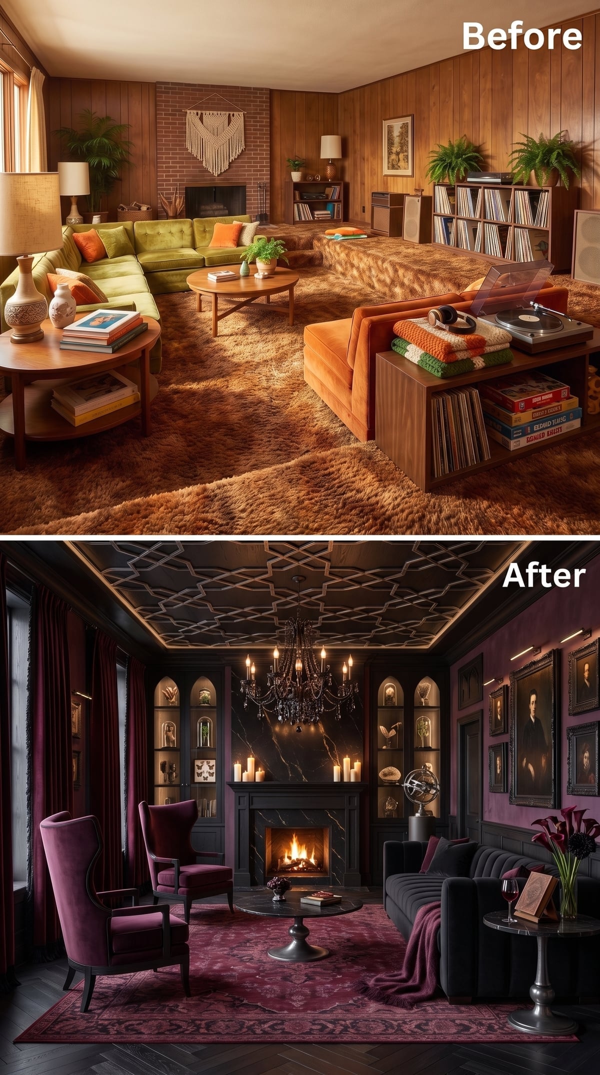 Dark plum living room with black marble fireplace and crystal chandelier