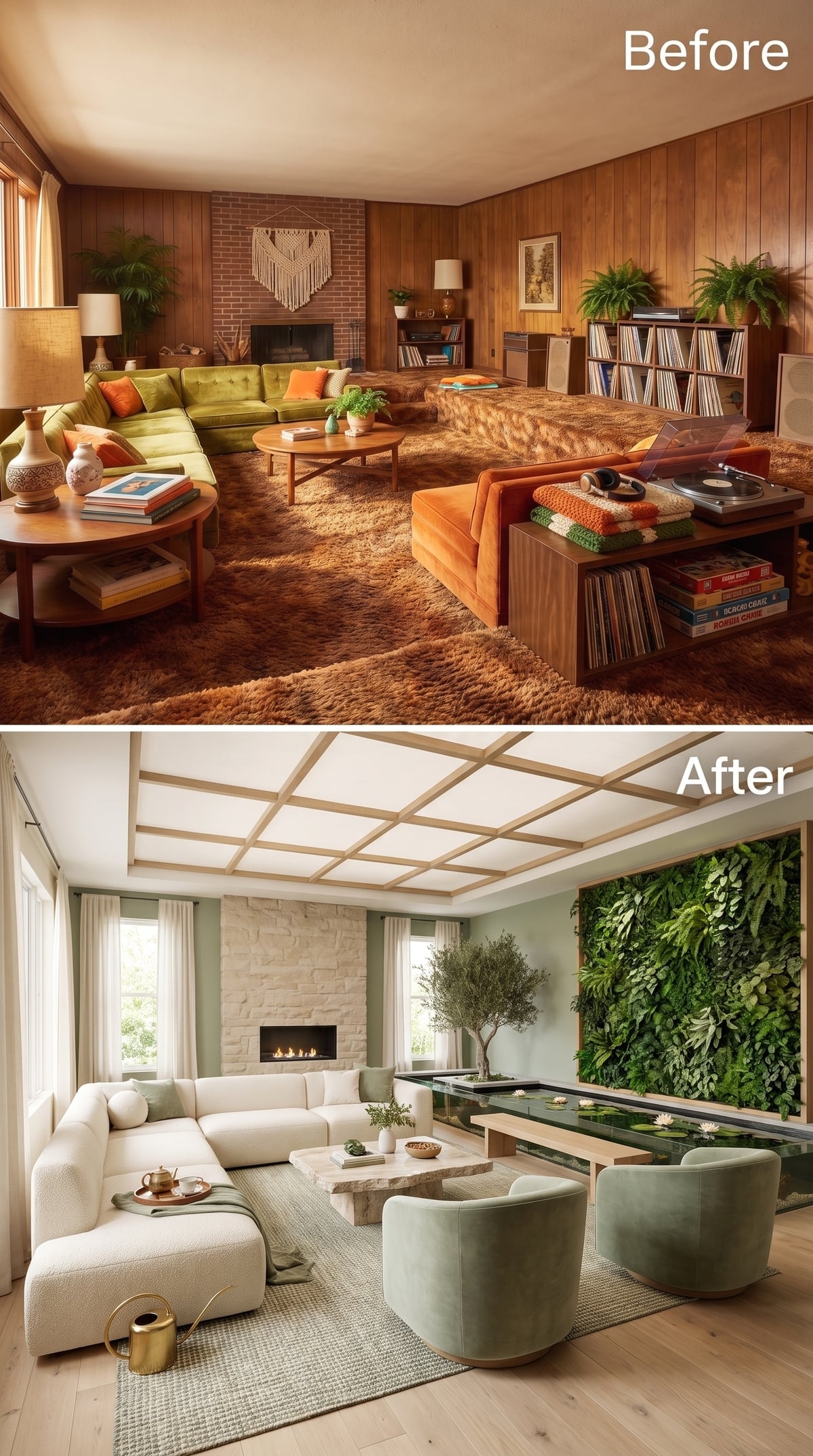Living room with vertical plant wall, white bouclé seating, stone fireplace, and indoor water feature