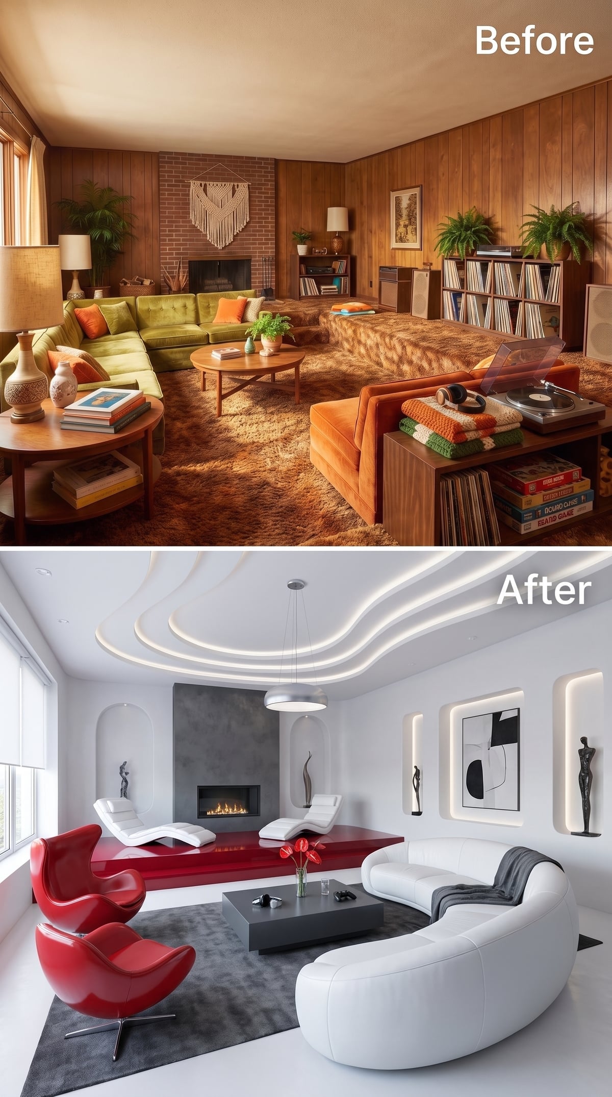 White sculptural living room with red lacquer accents and integrated ceiling lighting