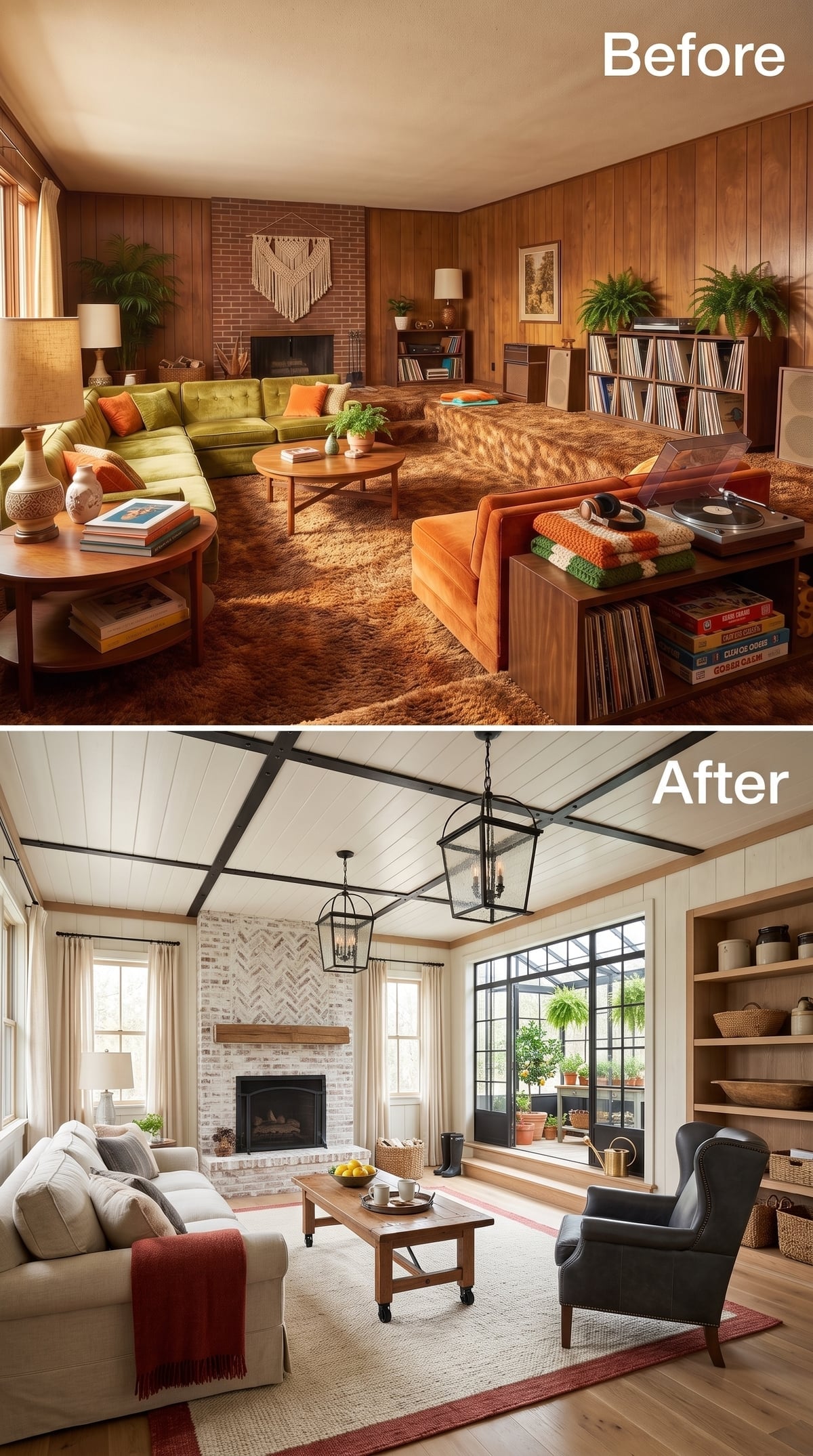 Light living room with whitewashed brick, exposed beams, and lantern pendants