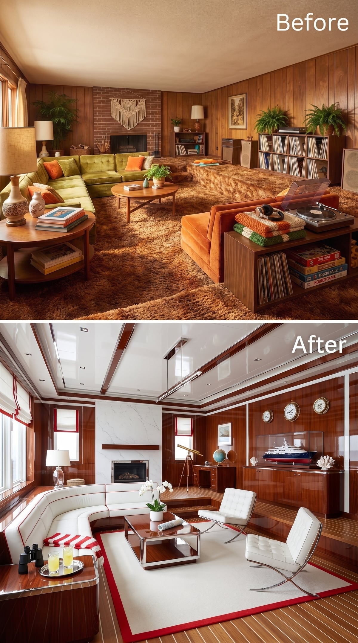 Teak-paneled yacht-inspired living room with white leather sectional