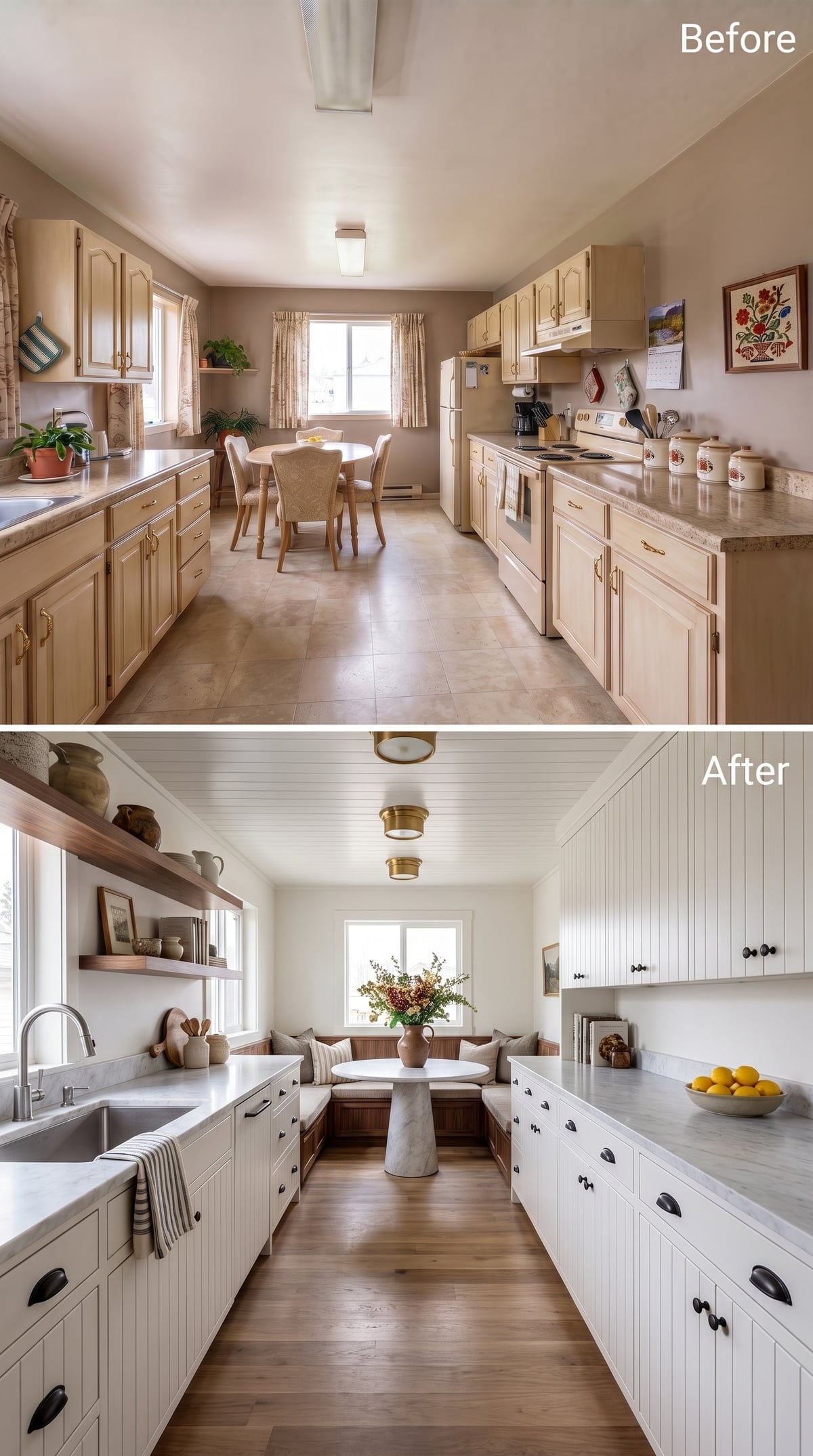 Beadboard Cabinets, Floating Walnut Shelves, Built-In Banquette: Form Doing Real Work