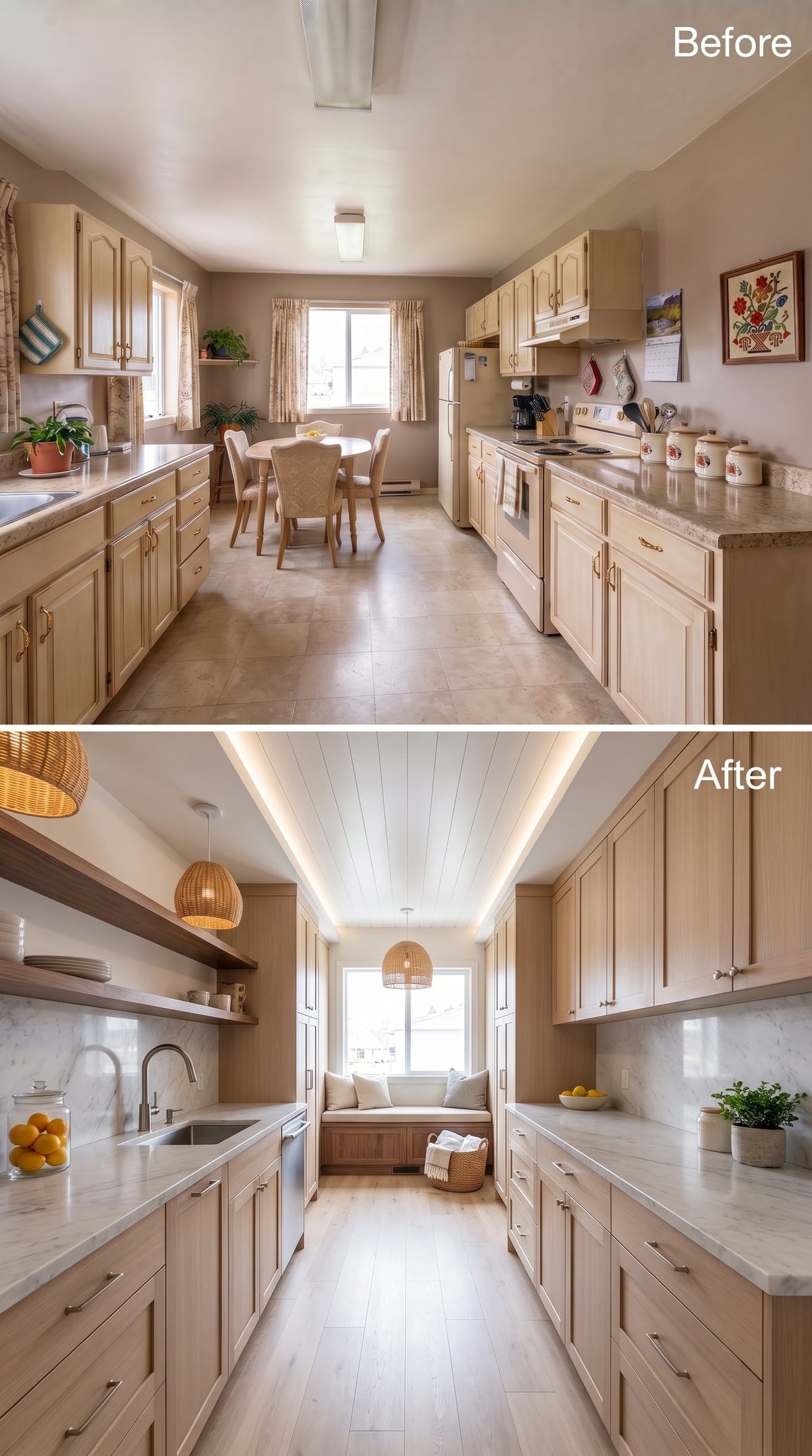 Bleached Oak Cabinets, Marble Counters, and a Window Seat That Earns Its Corner