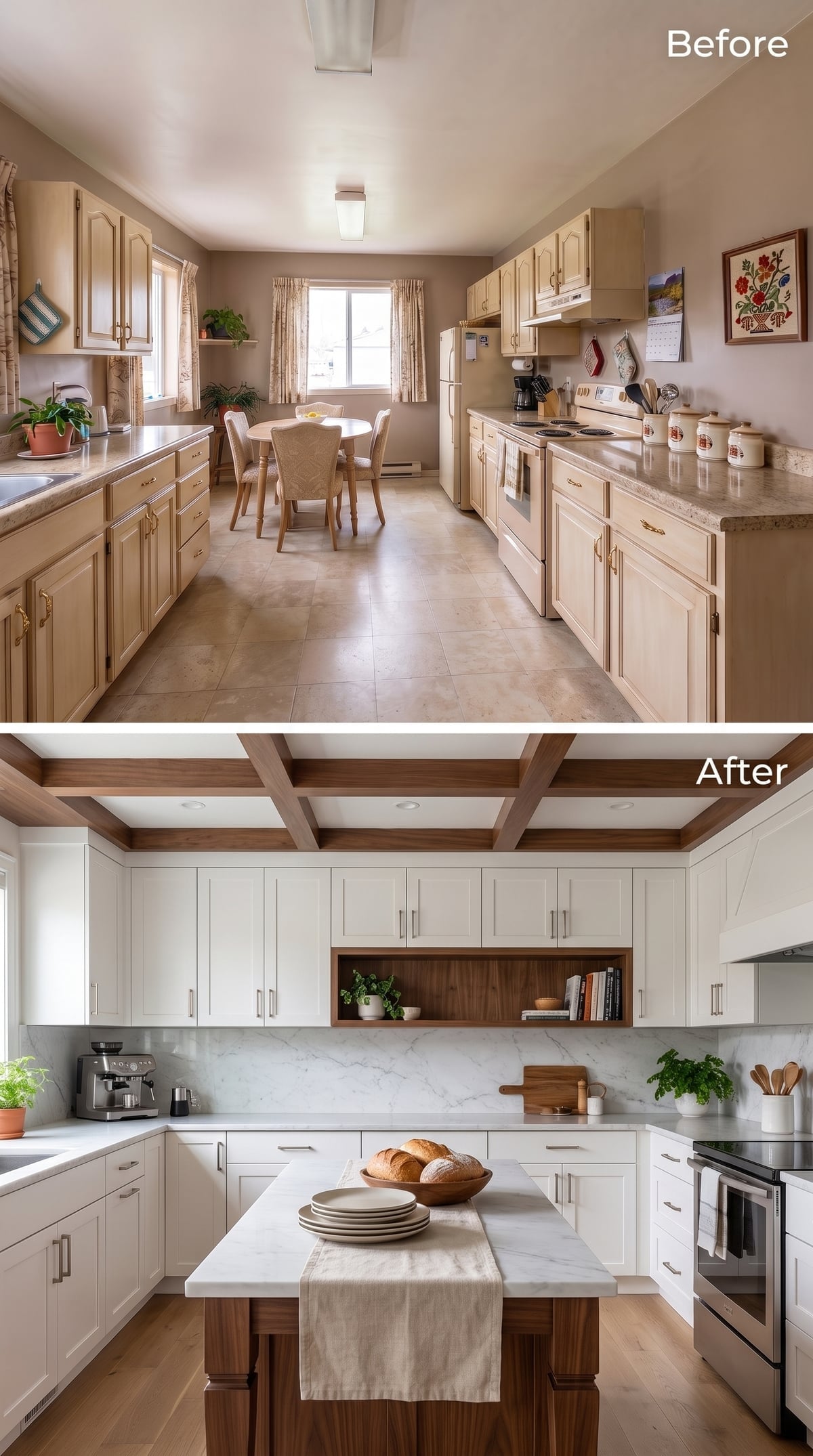 Coffered Ceiling, Walnut Accents, and White Shaker Cabinets That Finally Feel Grown-Up