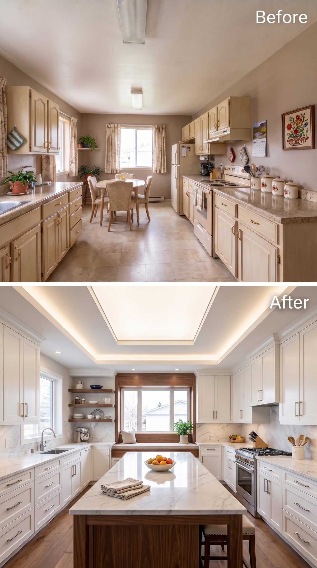 Cove Lighting, Walnut Island Base, Marble Counters: No Detail Wasted