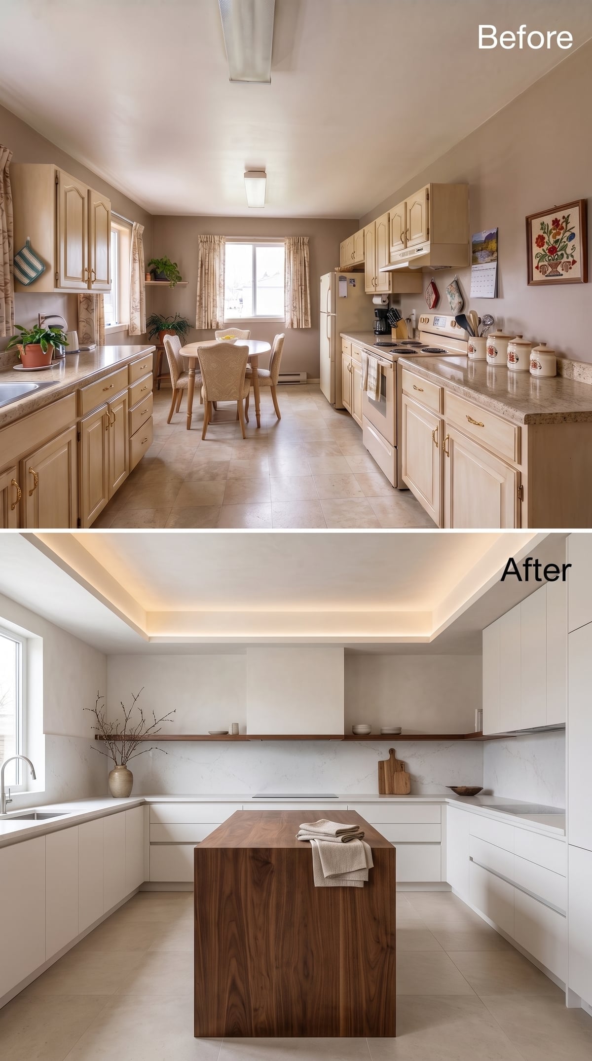 Flat-Front White Cabinetry, Walnut Island, Cove Ceiling: Restraint as a Design Strategy