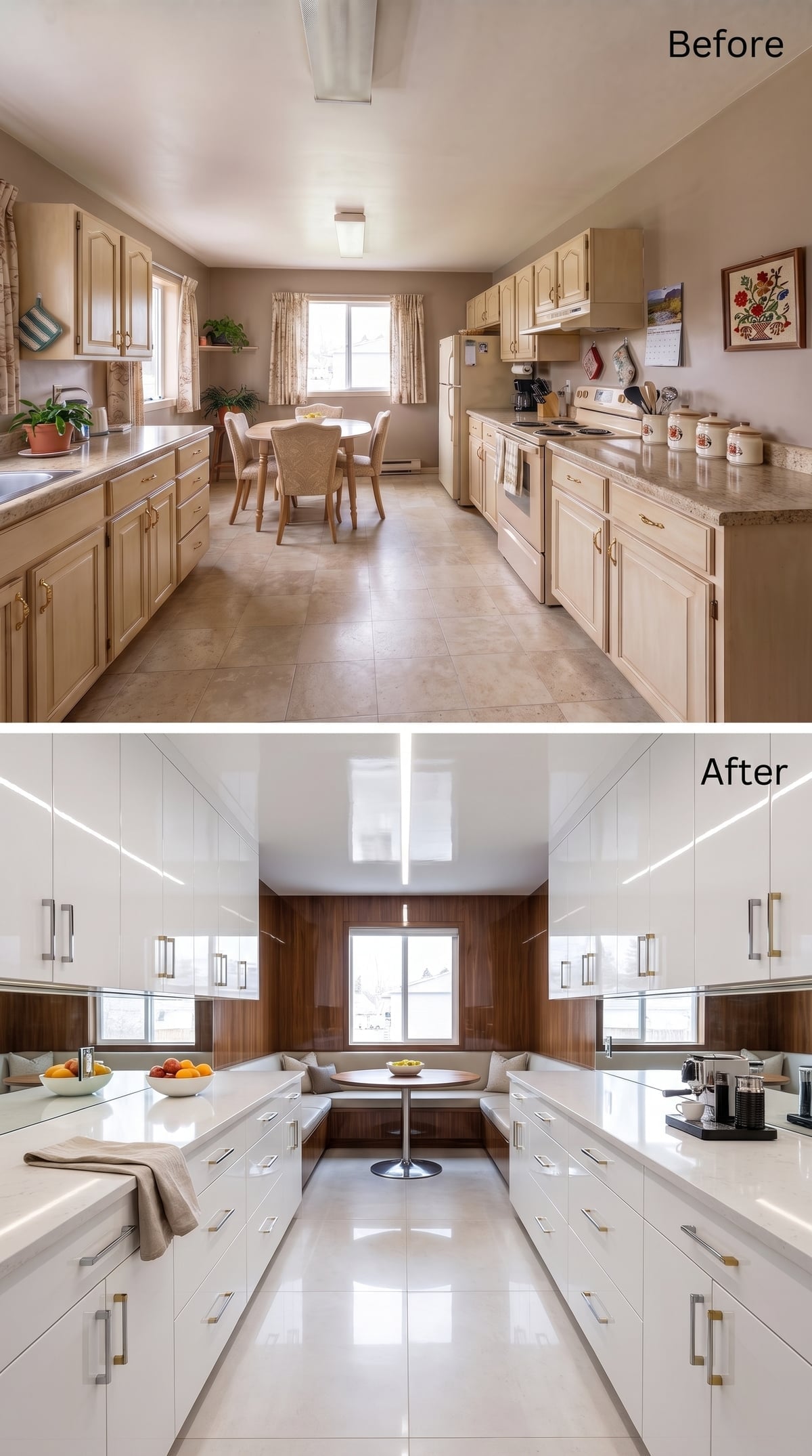 Gloss White Cabinets, Walnut Paneling, and a Built-In Banquette That Holds the Room Together