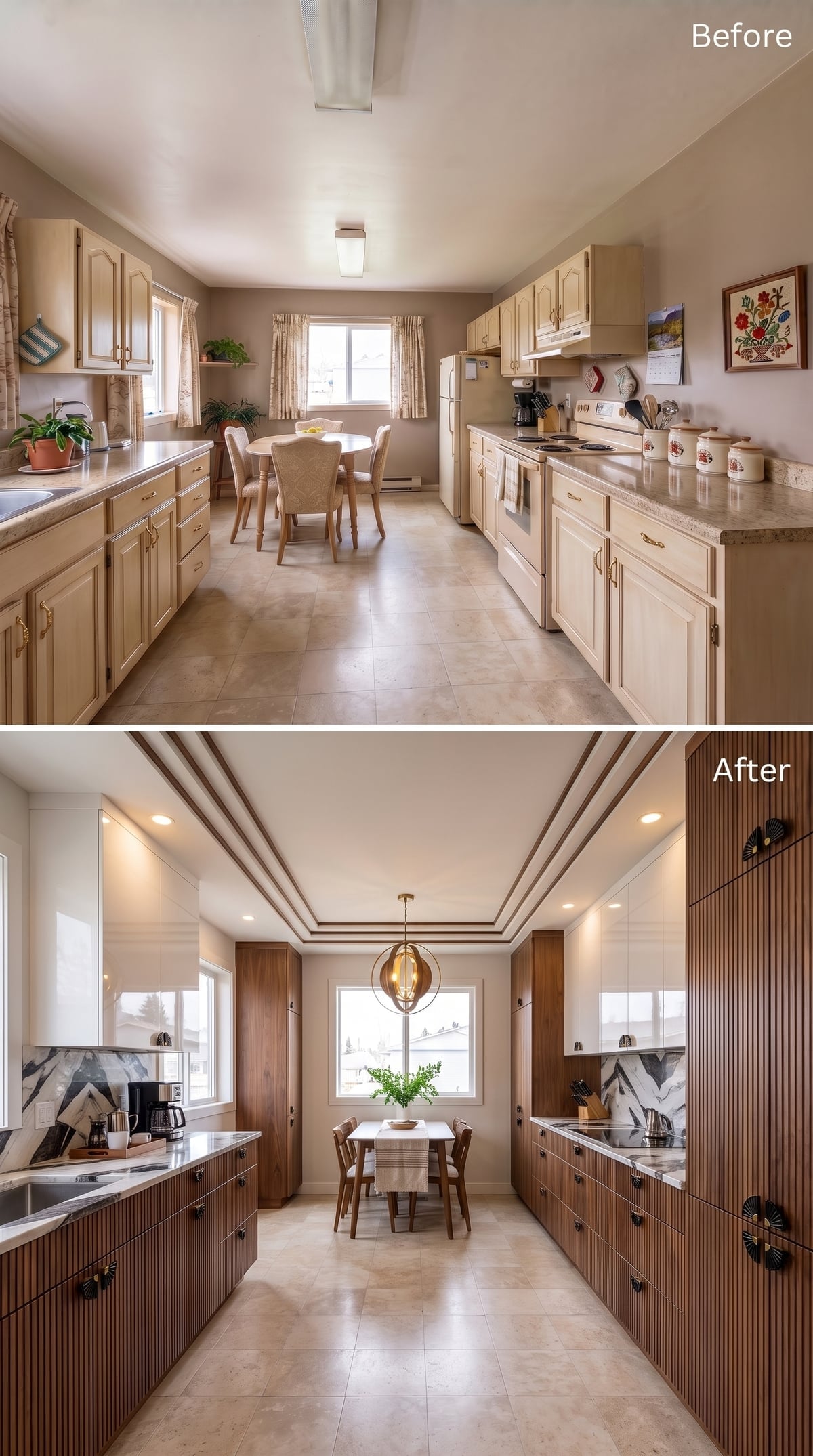 Reeded Walnut Cabinets, a Tray Ceiling With Molding Detail, and Hardware That Actually Commits