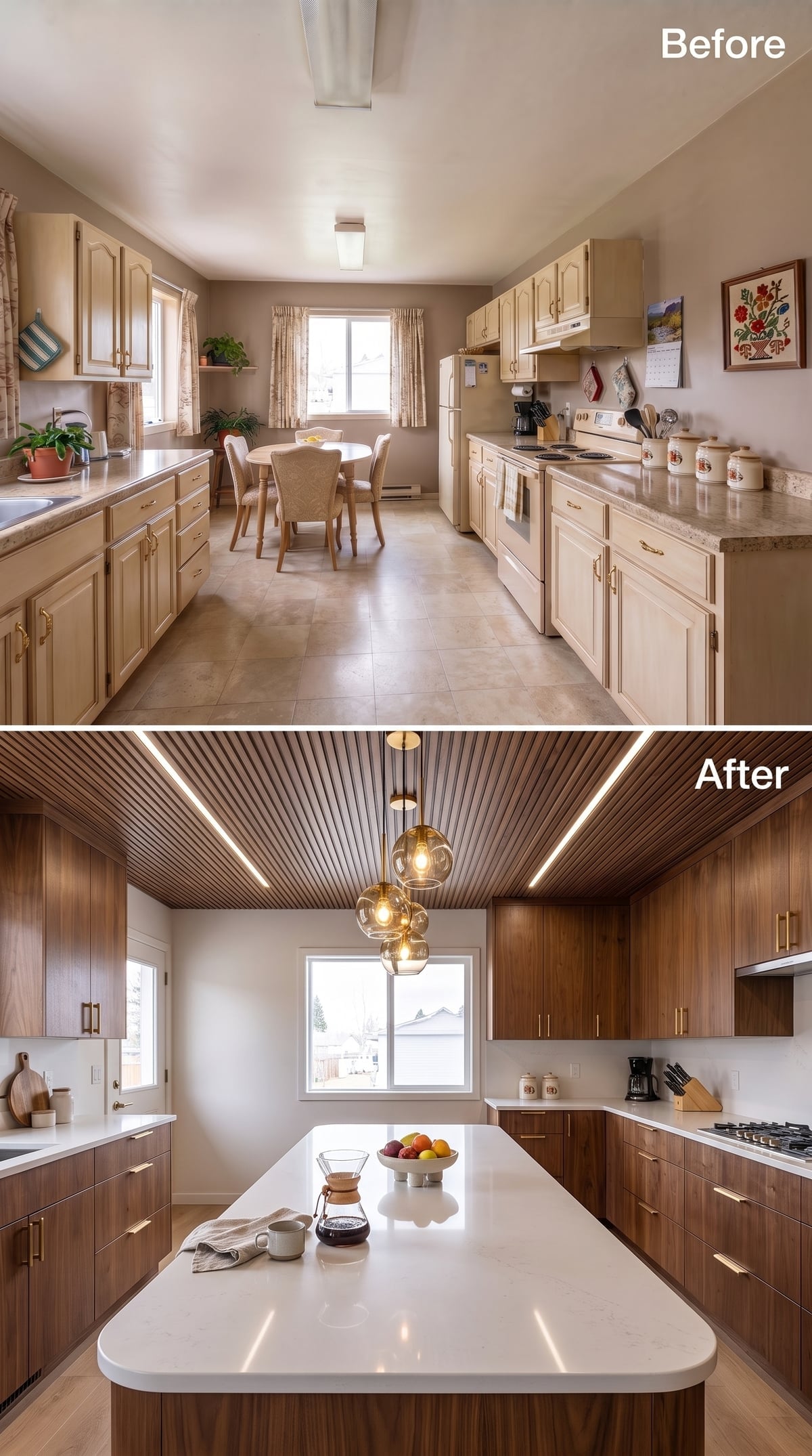 Slatted Walnut Ceiling, Brass Pendants, and an Island That Finally Has Something to Say