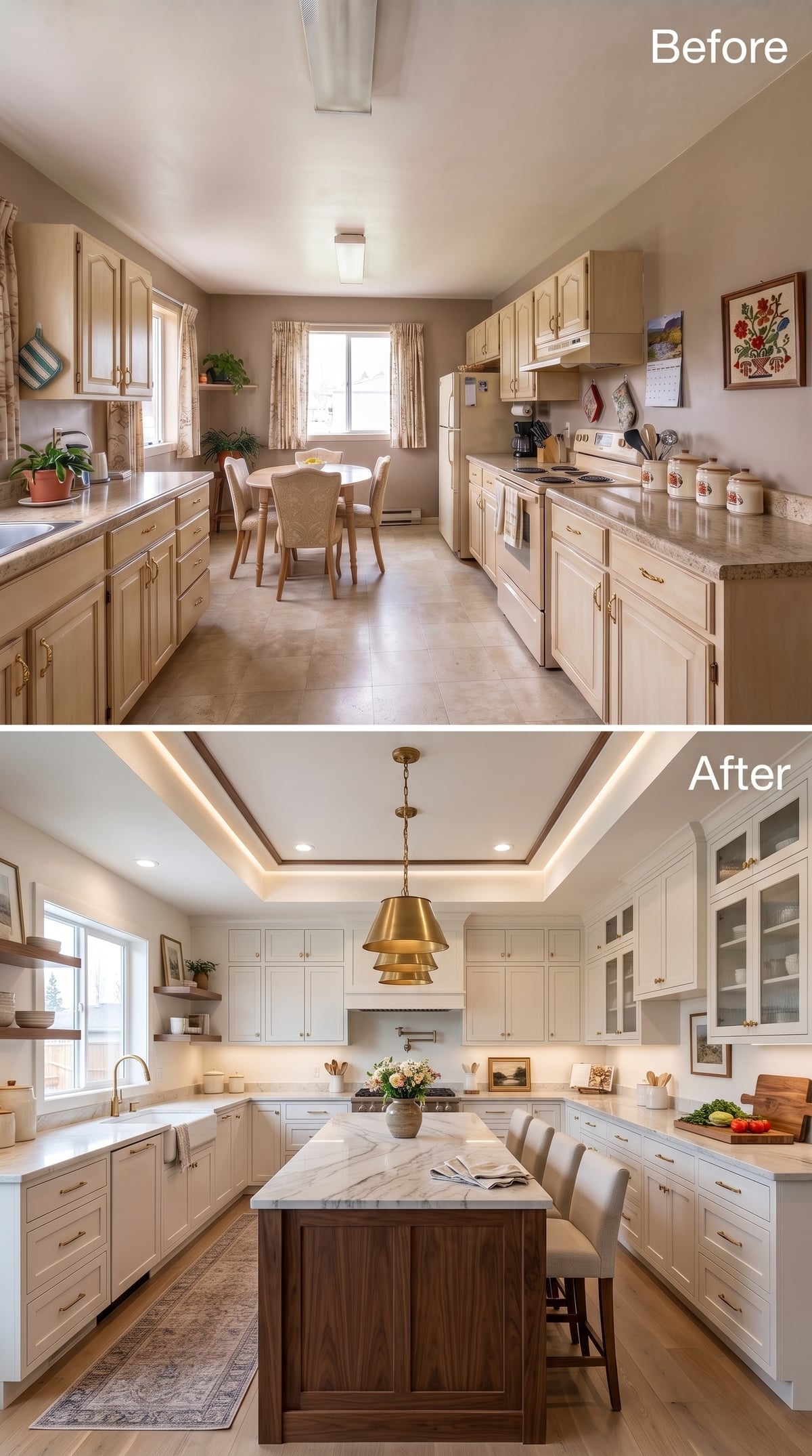 Tray Ceiling Cove Lighting, a Walnut Island Base, and White Shaker Uppers That Finally Earn the Room