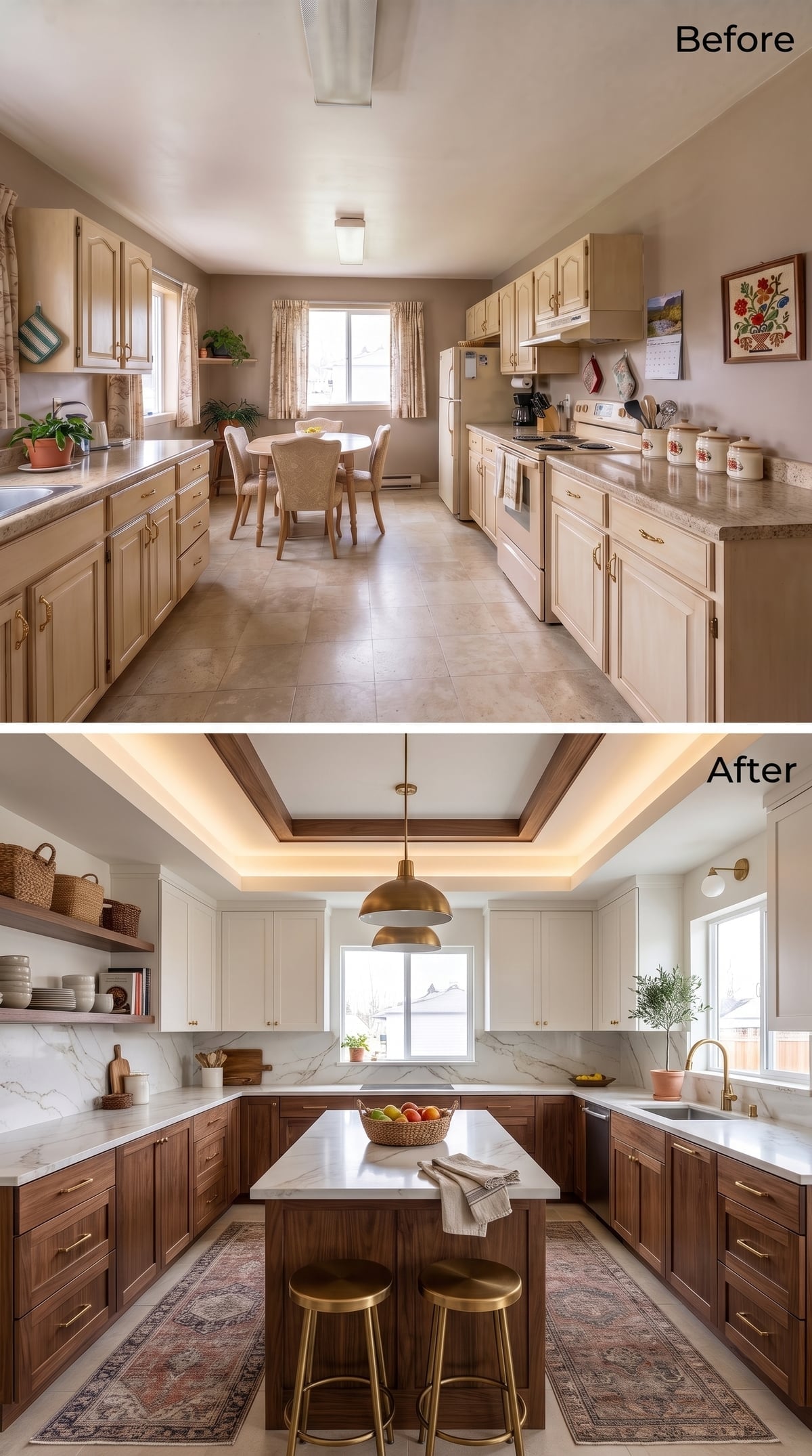 Tray Ceiling, Two-Tone Cabinets, and One Island That Finally Anchors the Room