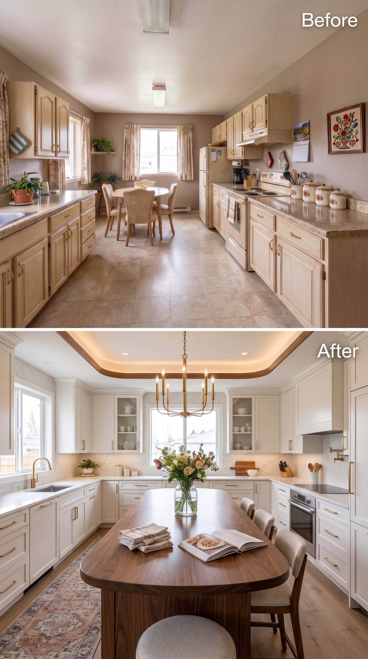 Tray Ceiling, Walnut Table, Brass Chandelier: How One Kitchen Got Its Act Together