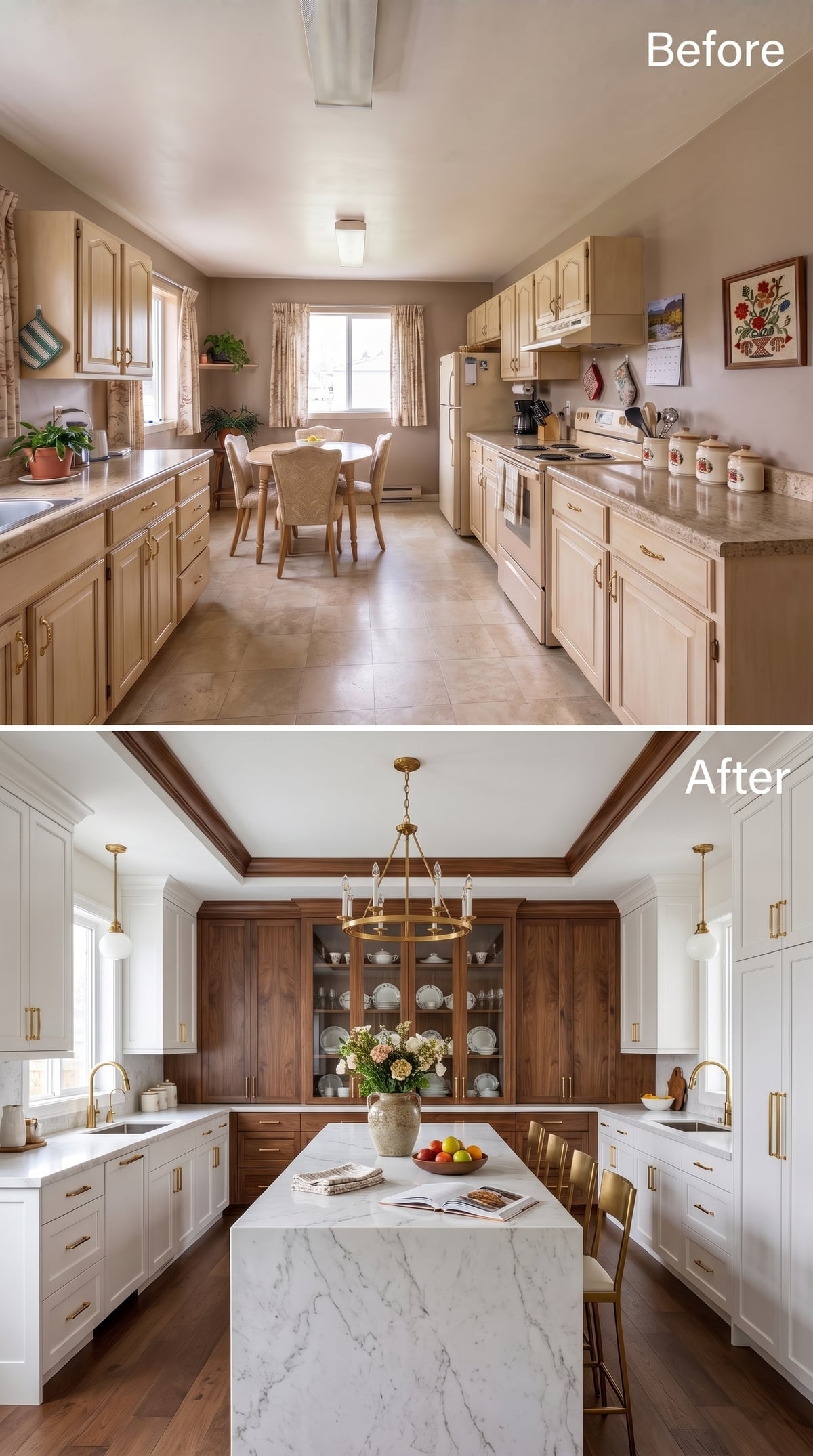 Walnut China Cabinet, Marble Island, Brass Chandelier: Restraint Did All the Heavy Lifting