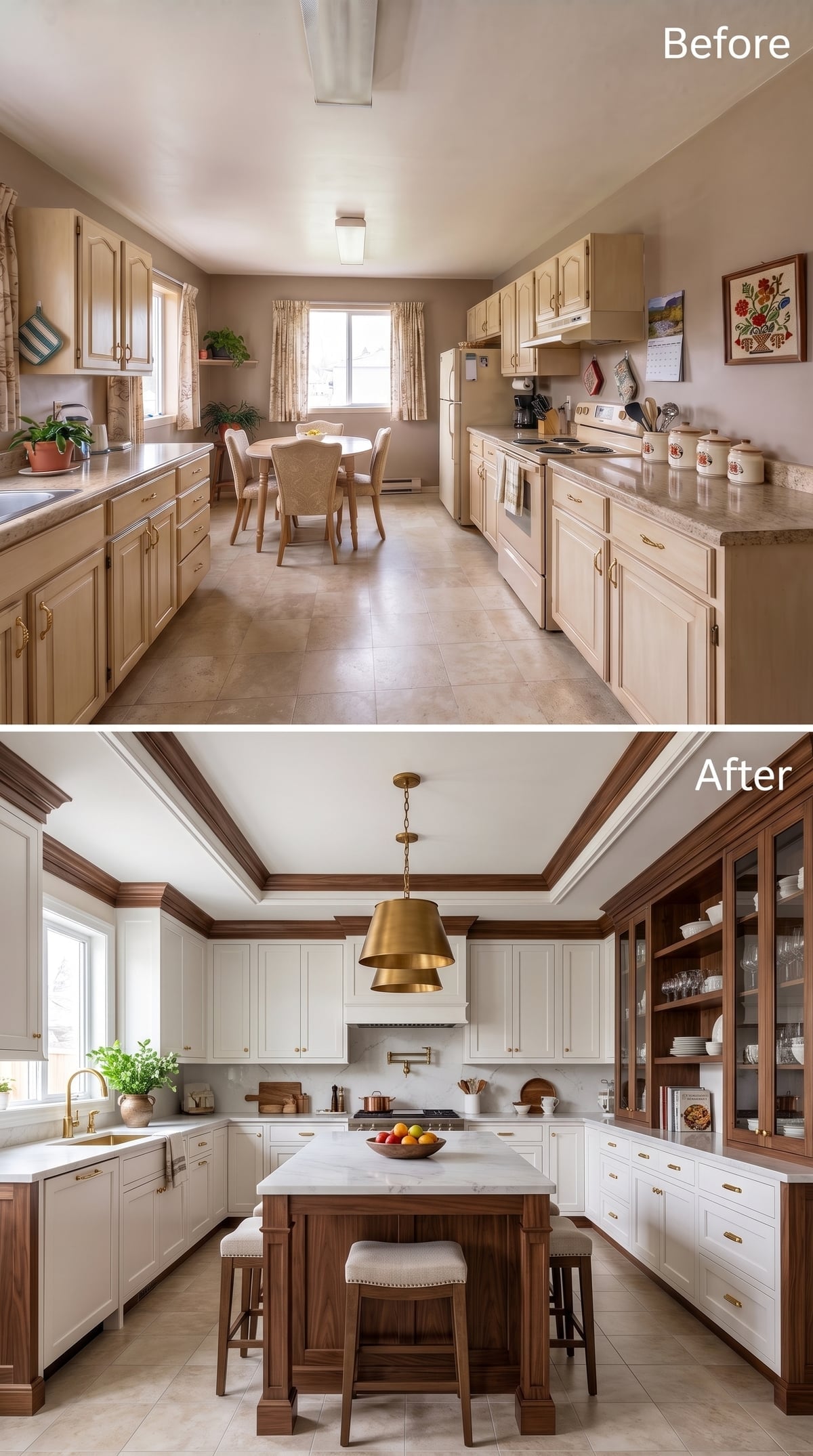 Walnut Crown Molding, Brass Pendant, and White Cabinetry That Finally Mean Business
