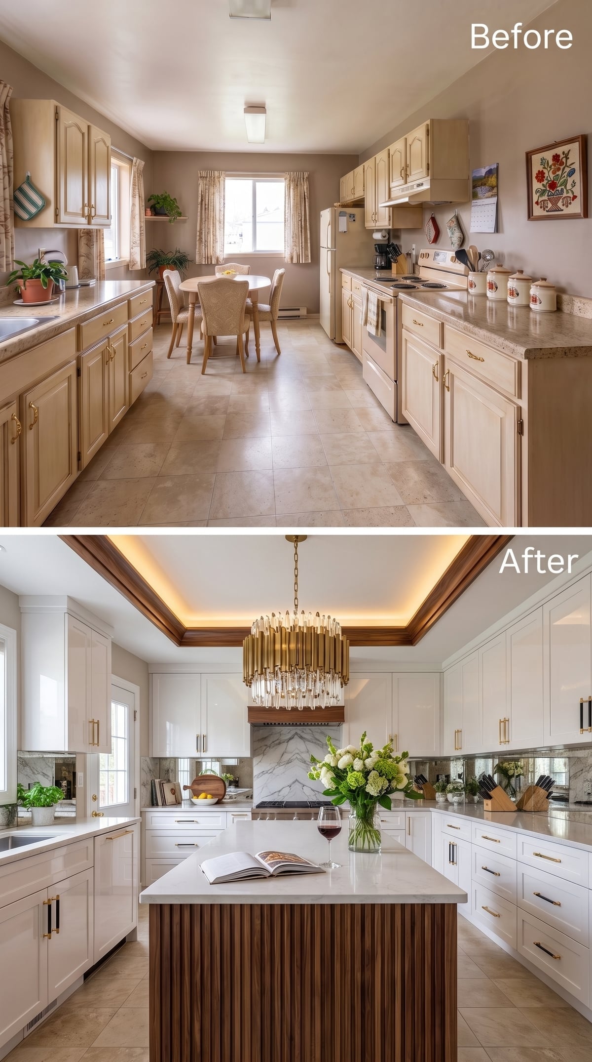 Walnut Island Base, Crystal Chandelier, and a Tray Ceiling That Earns Every Inch