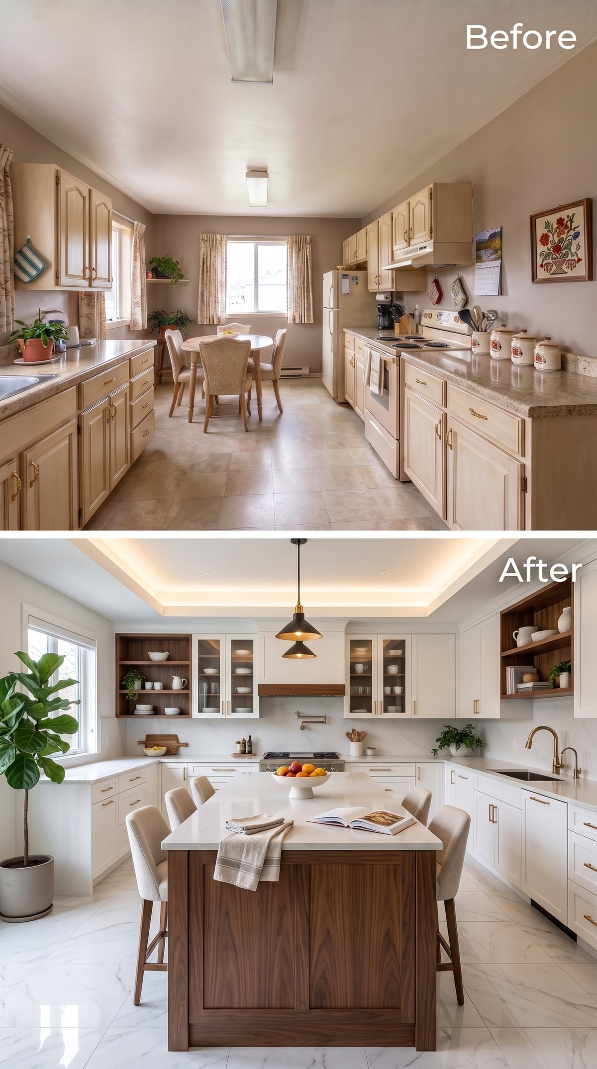 Walnut Island Base, White Uppers, and a Tray Ceiling That Stopped Needing Attention