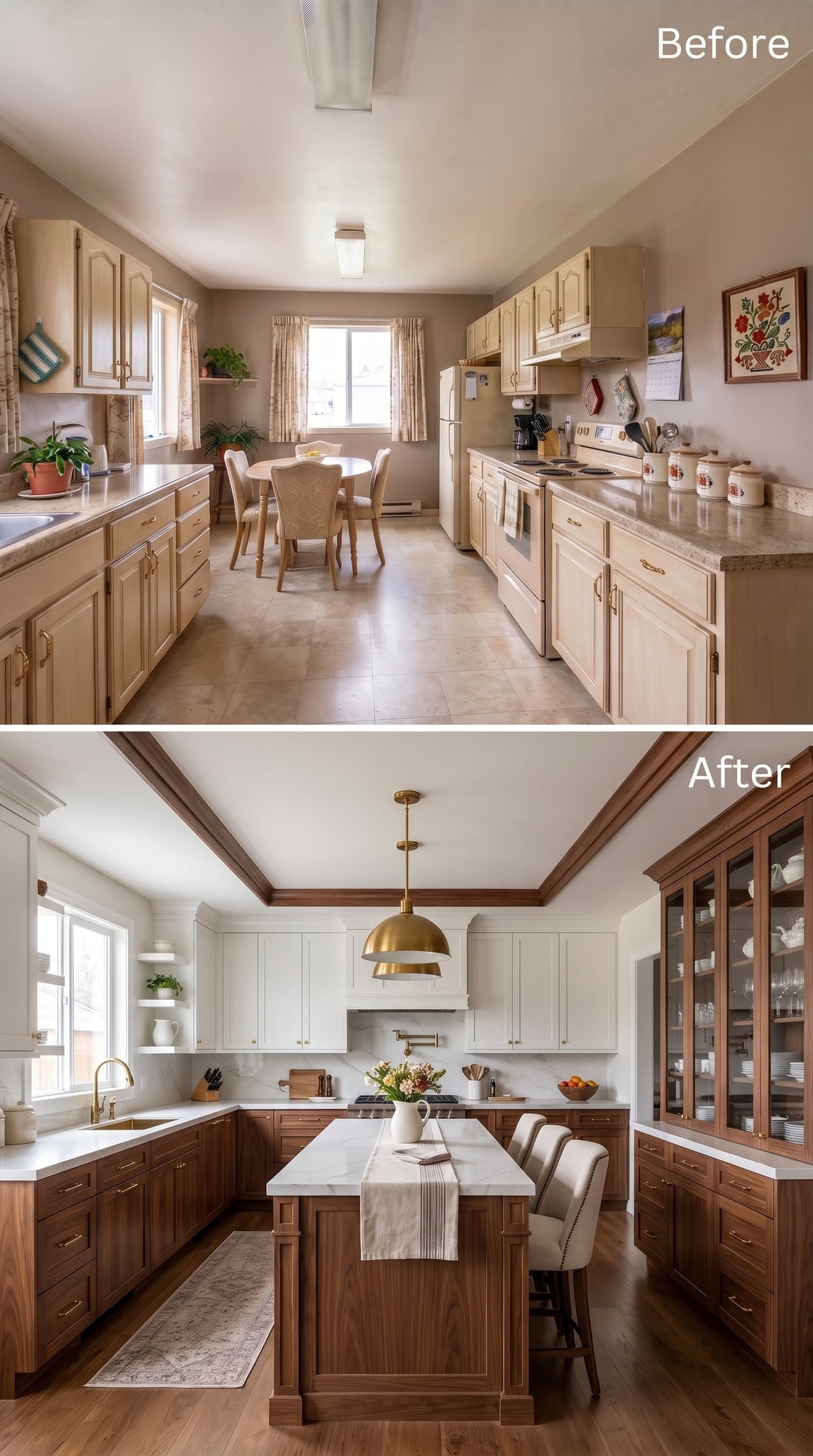 Walnut Lowers, Brass Pendant, White Uppers: Proof That Two Tones Beat One
