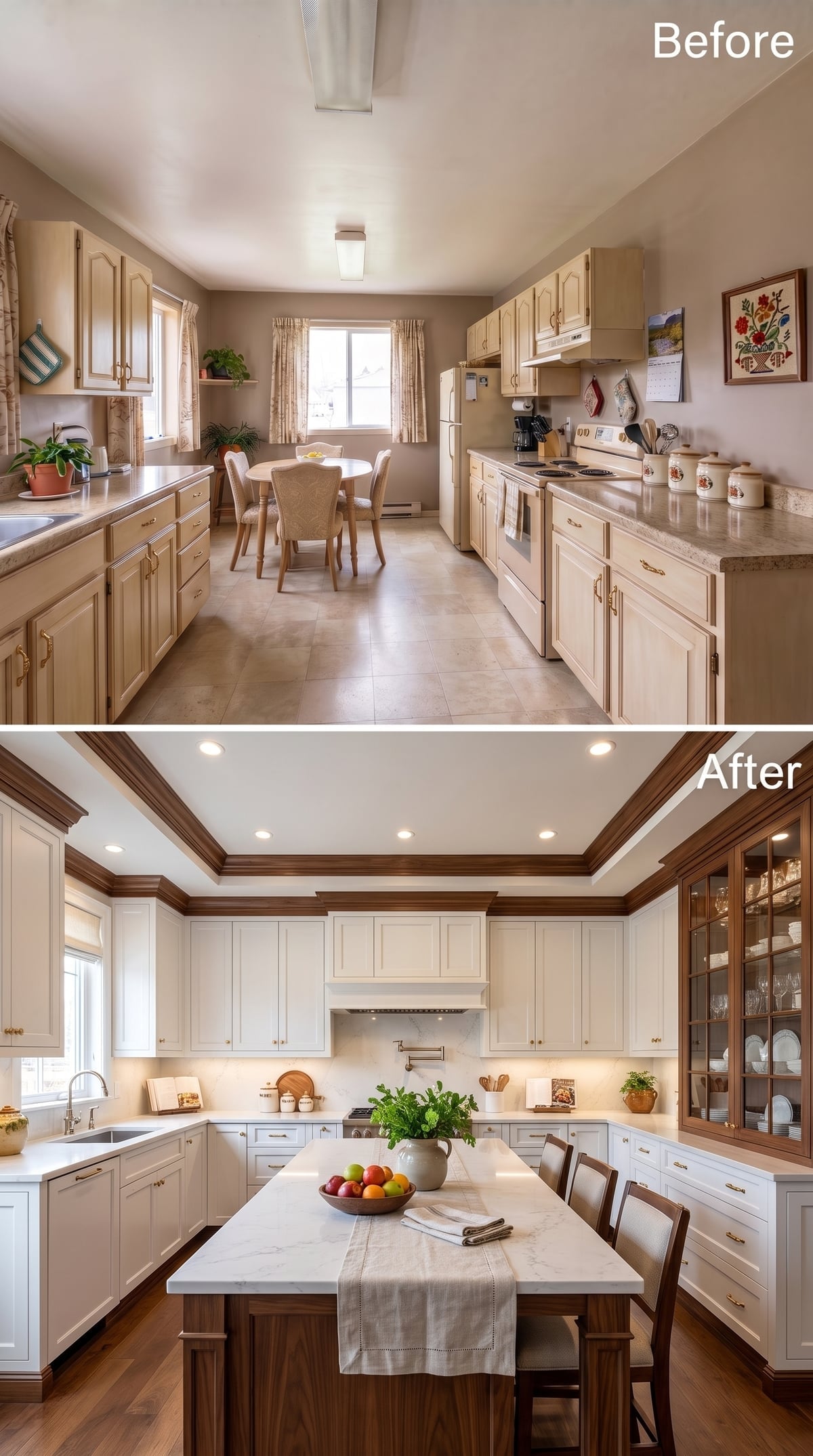 White Cabinetry, Walnut Crown Molding, and a Kitchen Island That Finally Anchors the Room