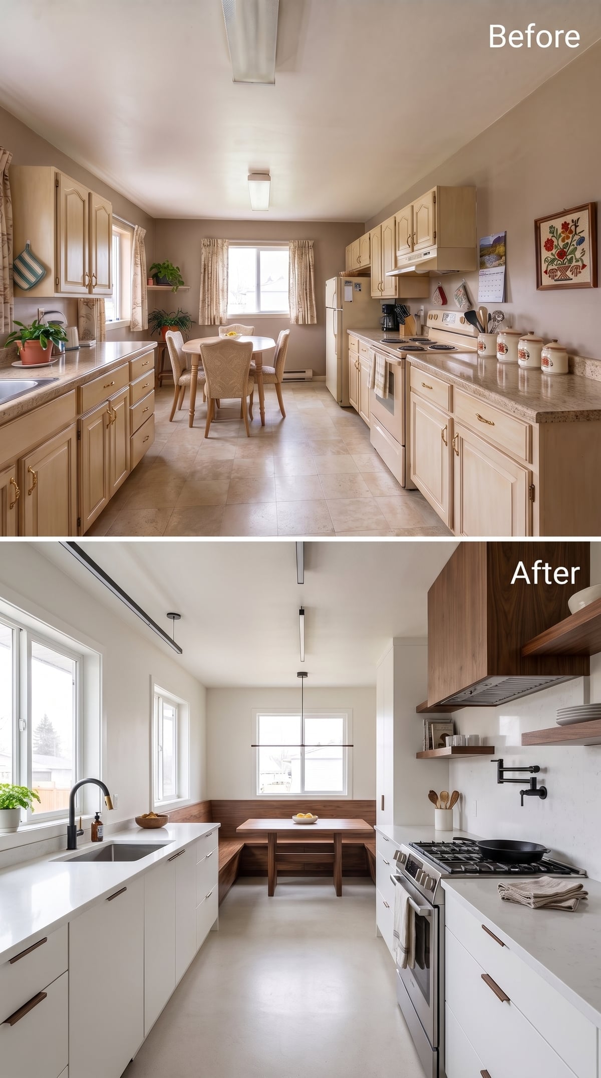 White Flat-Fronts, a Walnut Banquette, and Open Shelving That Actually Earn the Space