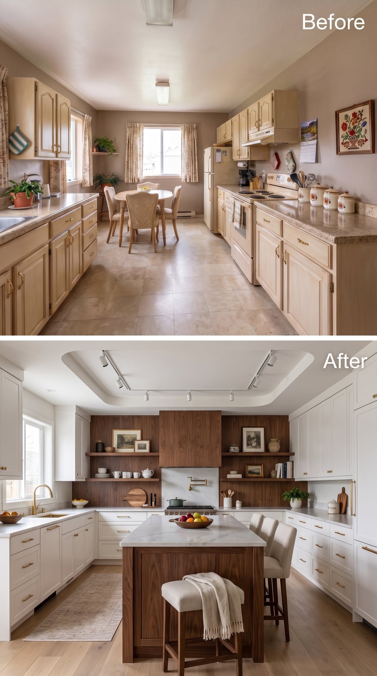 White Shaker Cabinets, a Walnut Range Hood, and Open Shelving That Finally Pull Weight