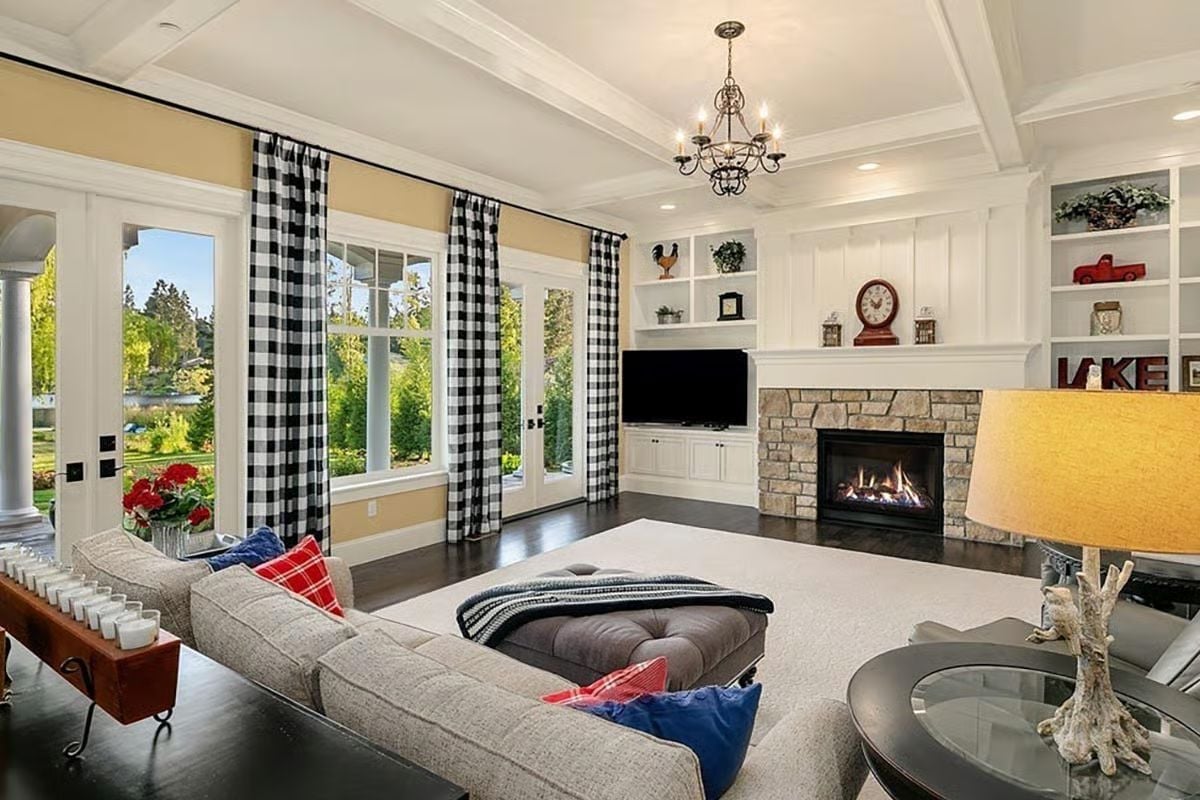 Buffalo Check Curtains and a Stone Fireplace Walk Into the Same Room and Win