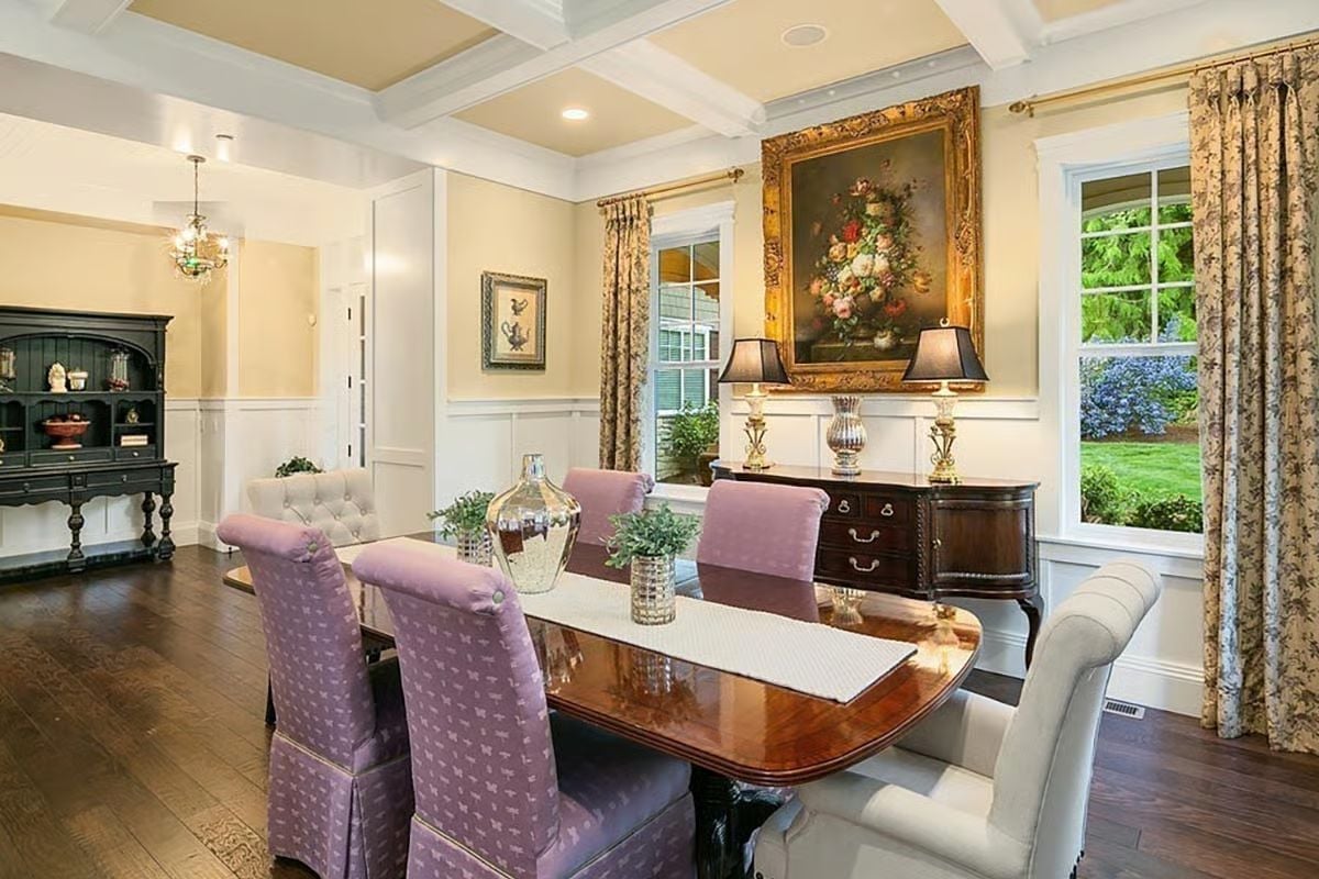 Lavender Chairs and a Gold-Framed Oil Painting Set the Tone for Formal Dining Done Right