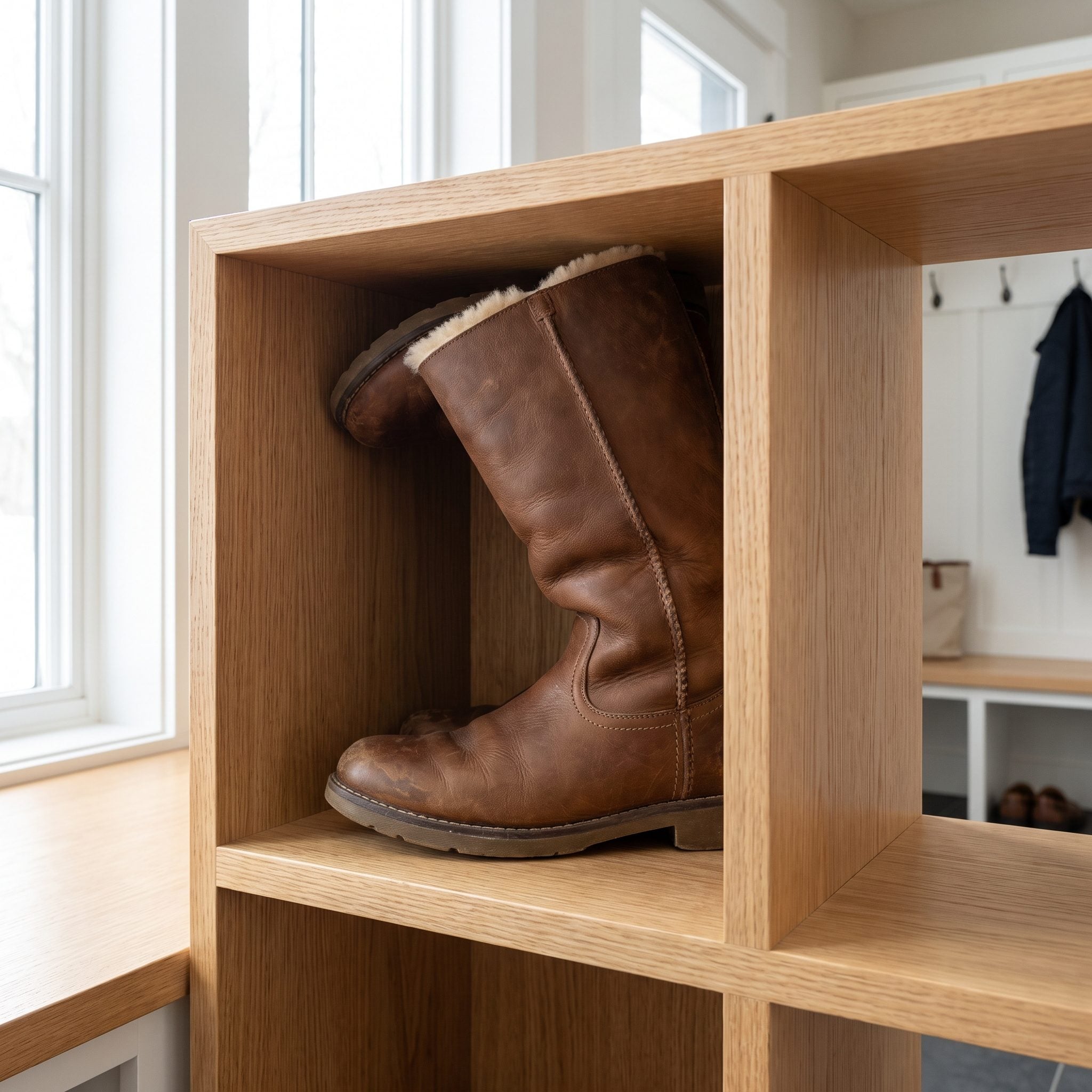 Mudroom with a wall of identical short shoe cubbies and four pairs of tall boots standing on the floor beside it because