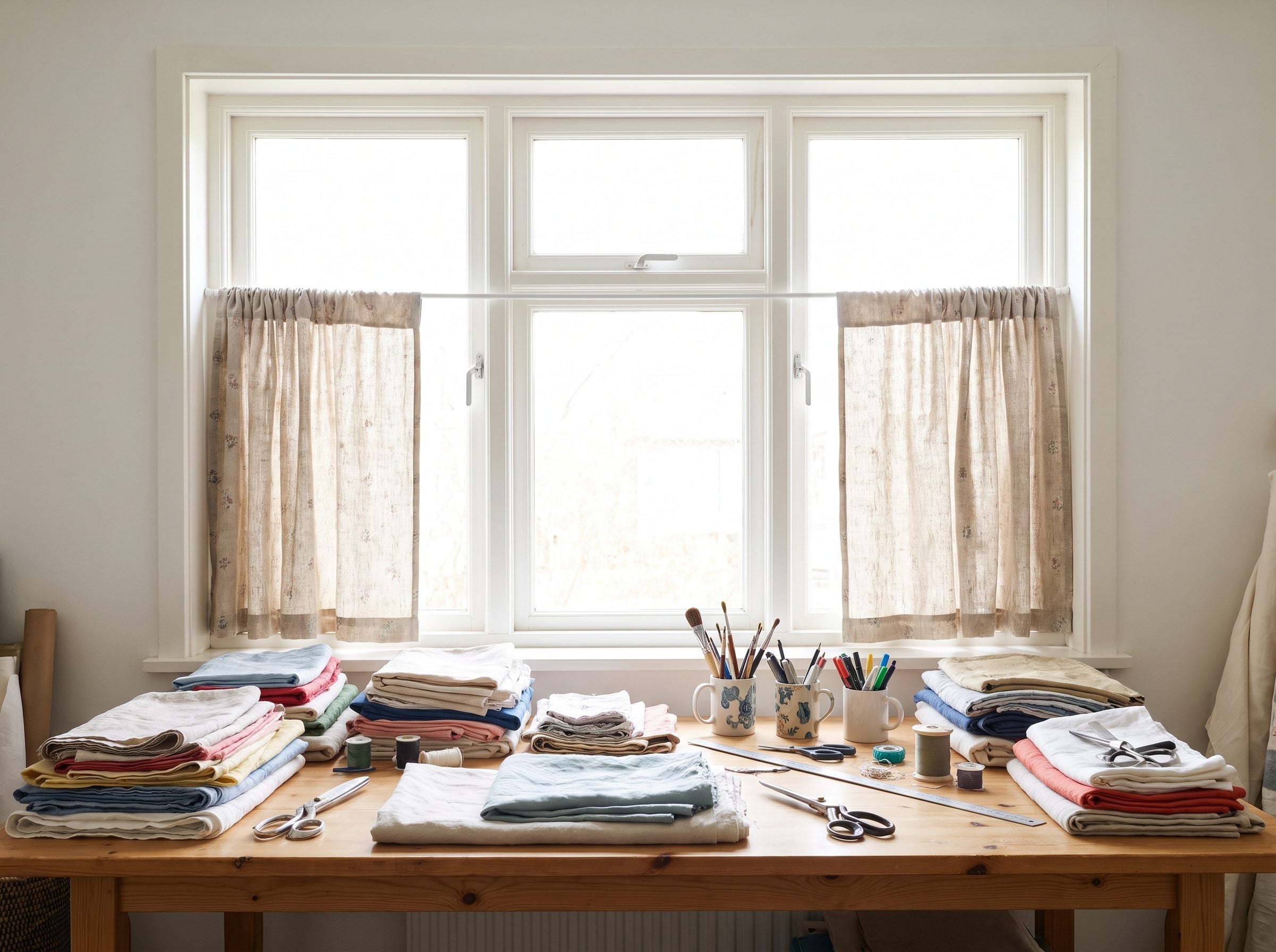 Craft room with sill-length linen curtains ending at the windowsill above a worktable holding a sewing machine and cutting