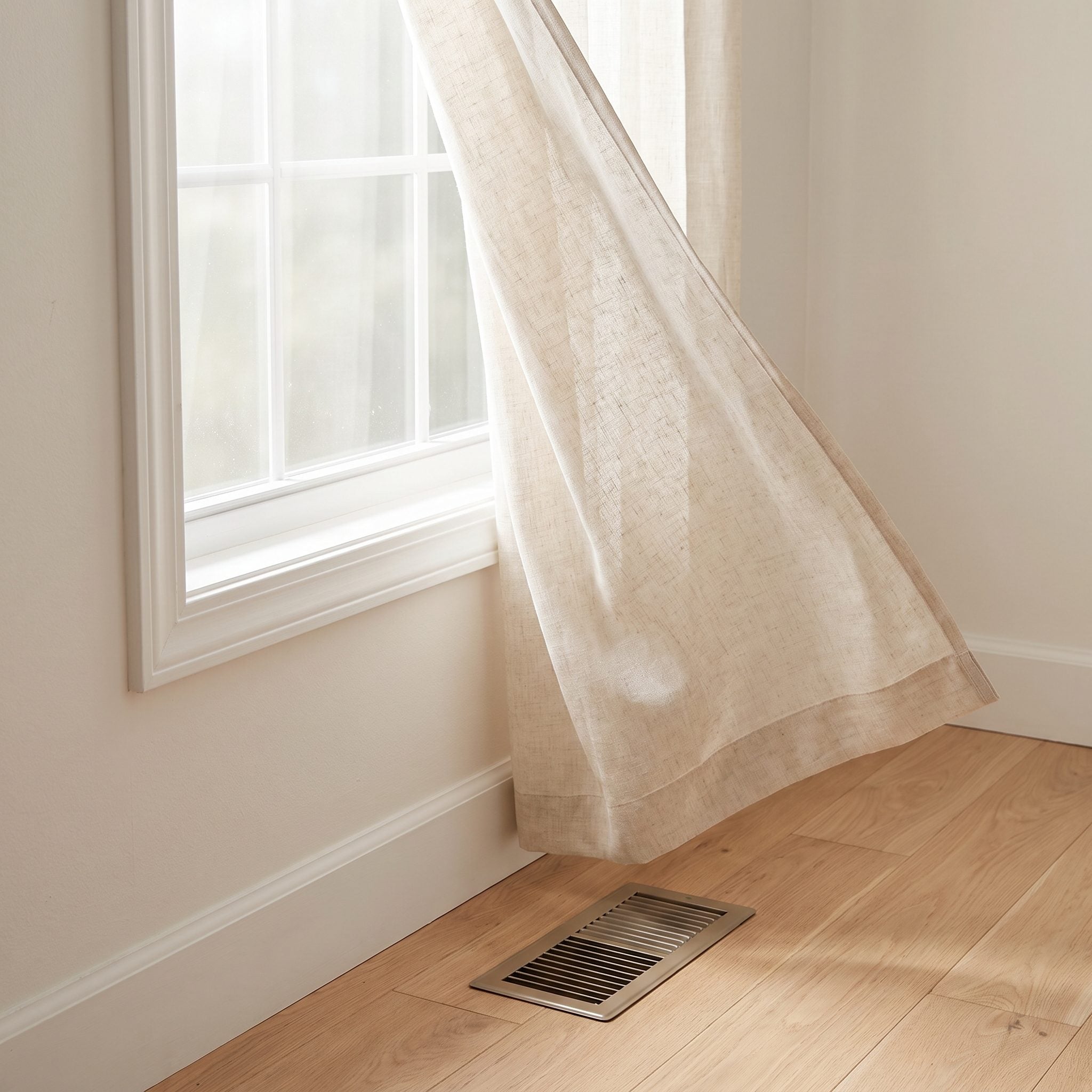Bedroom with white sill-length curtains ending two inches above a floor-mounted HVAC register beneath the window.