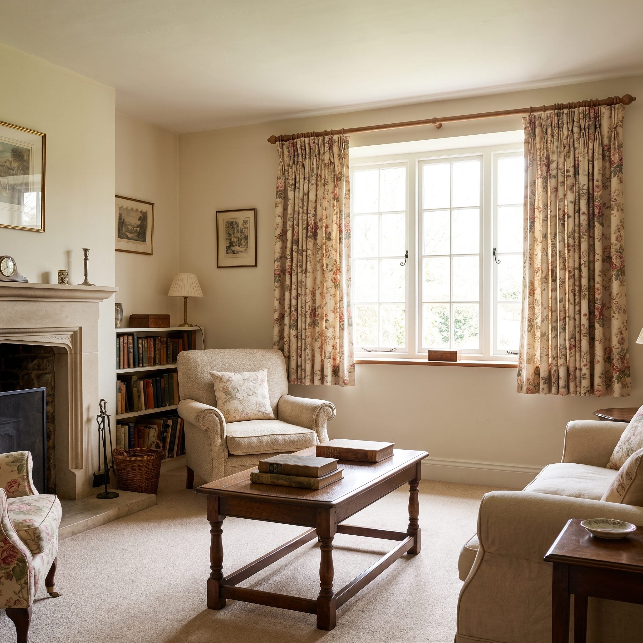 Cottage living room with cotton curtain panels ending four inches below the window sill above a cushioned window seat.