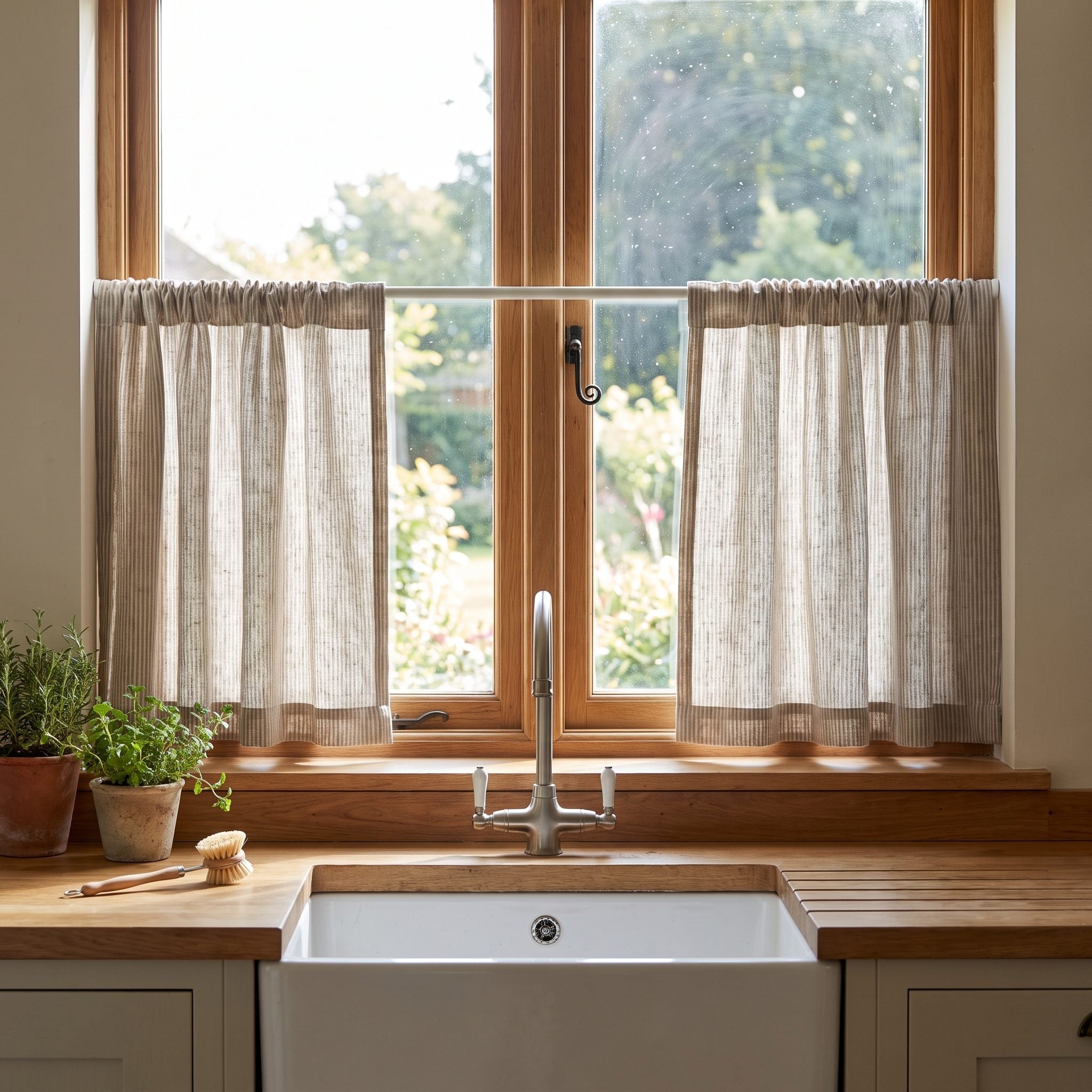 Kitchen window over a sink with a white café curtain hung inside the frame, ending at the sill and leaving the top half of