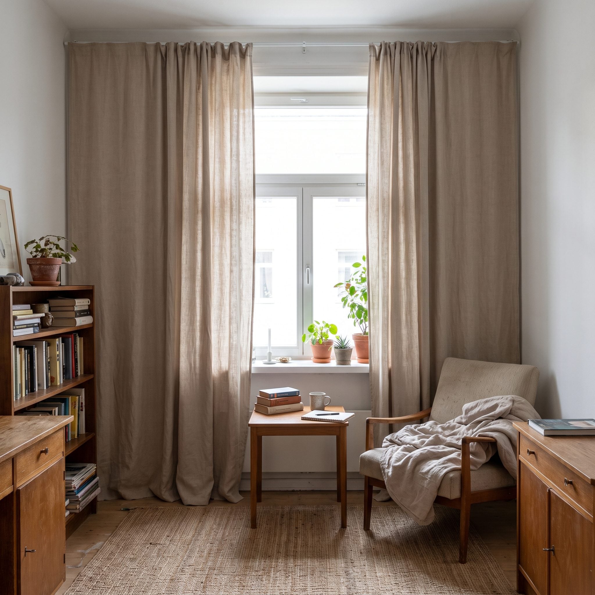 Small navy powder room with a natural linen curtain that stops at the window ledge, leaving the wall and baseboard below it