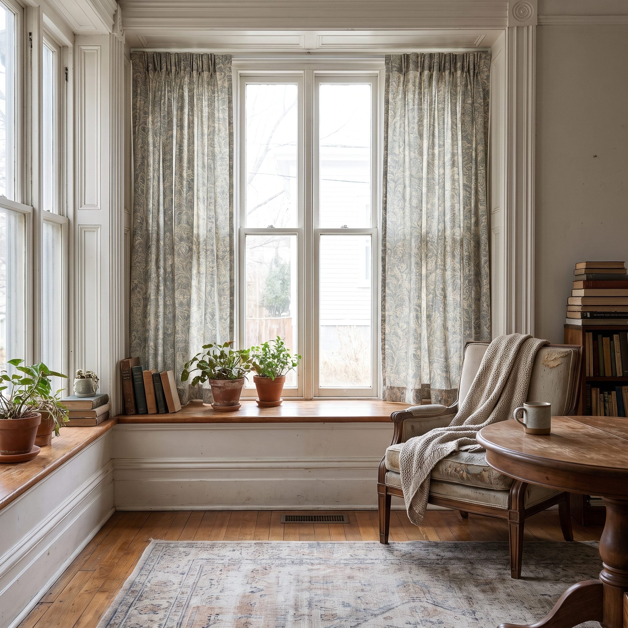 Bungalow window with fluted casing and corner blocks framed by sill-length linen panels on a brass rod mounted above the