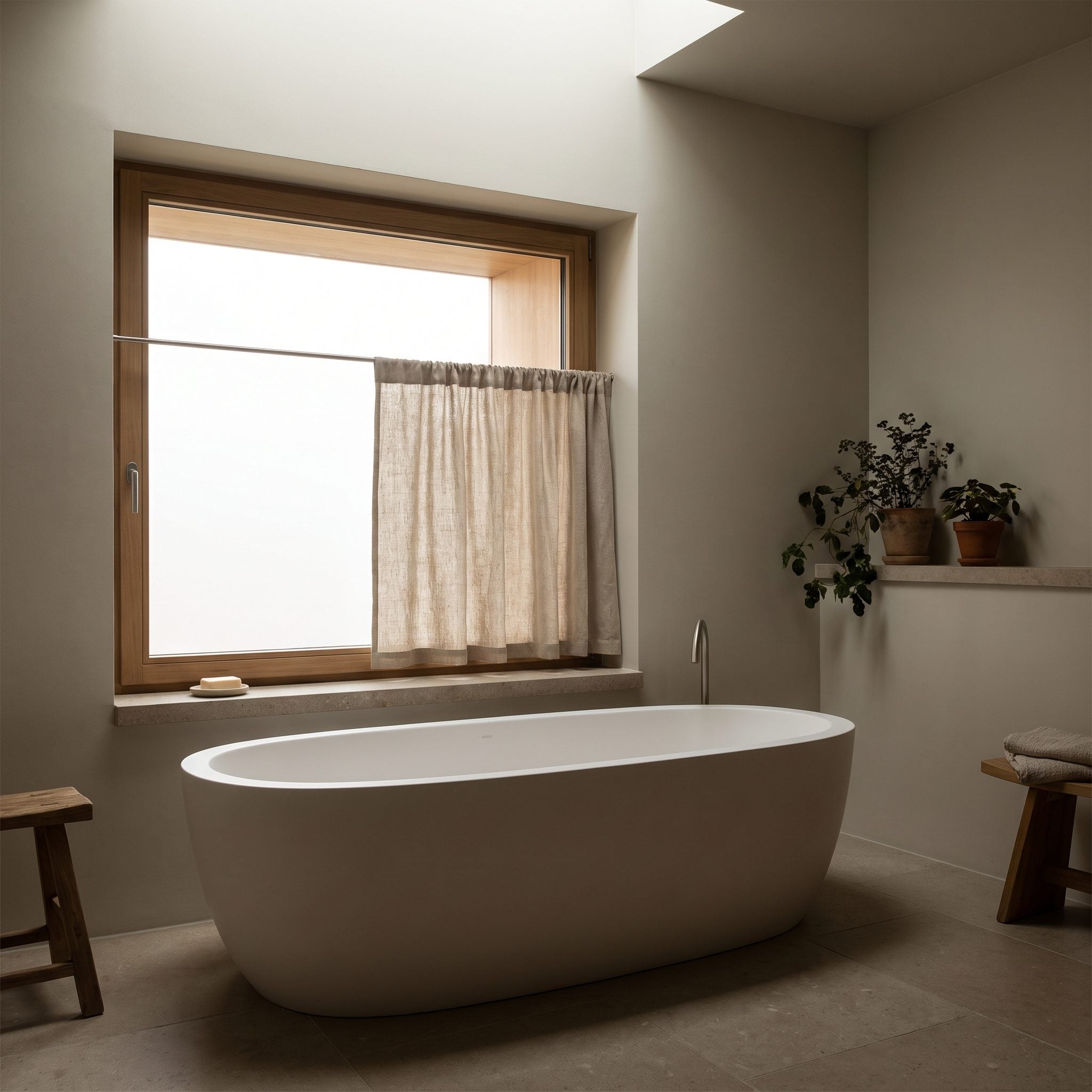 Bathroom with sill-length linen curtains ending at the windowsill above a built-in bathtub.