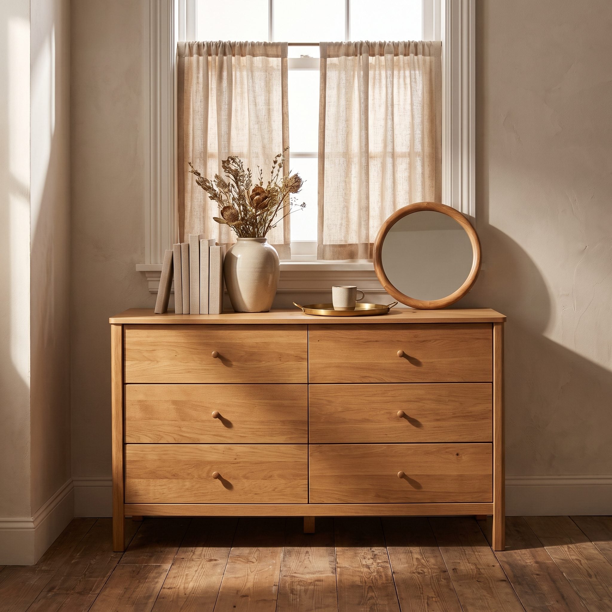 Small bedroom with a walnut dresser under the window and linen curtain panels ending about one inch above the dresser top.