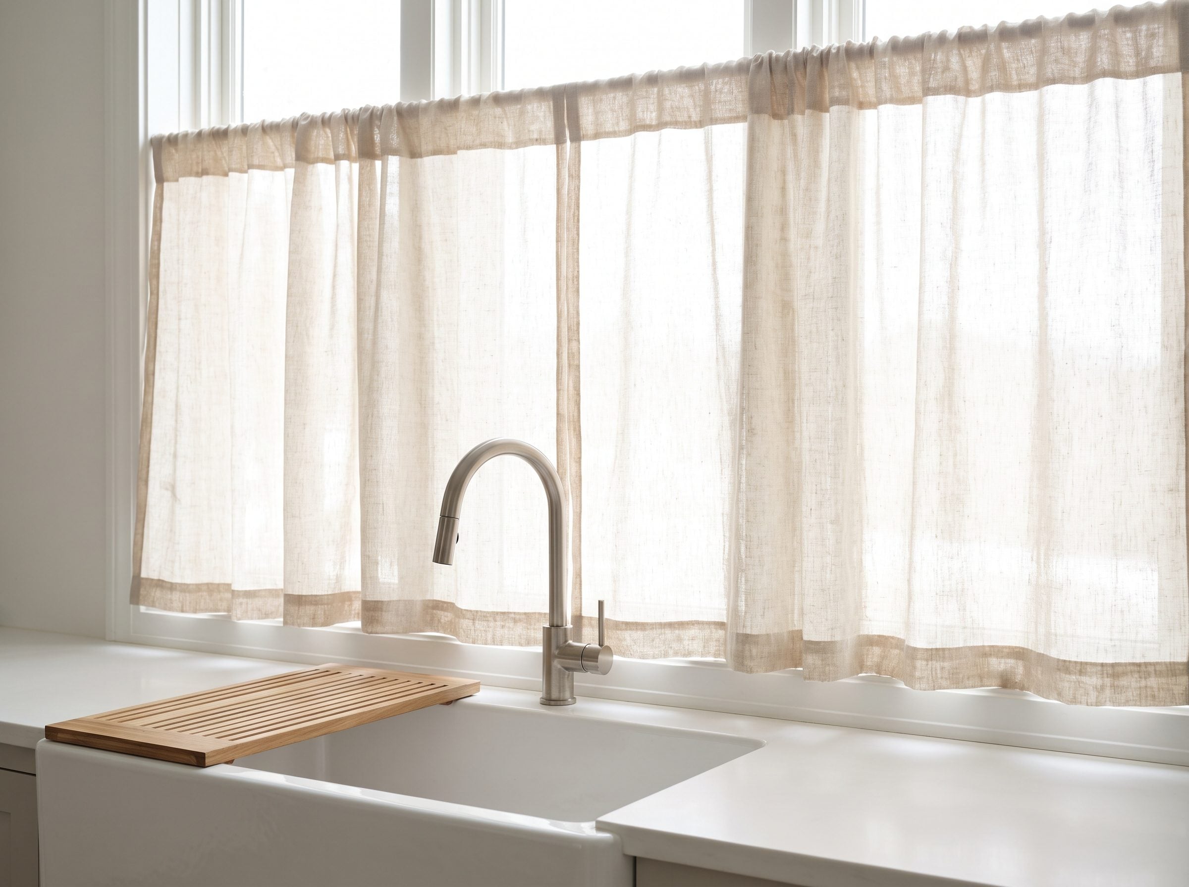 Kitchen window over the sink with a linen café curtain covering the lower half of the glass and ending at the sill.