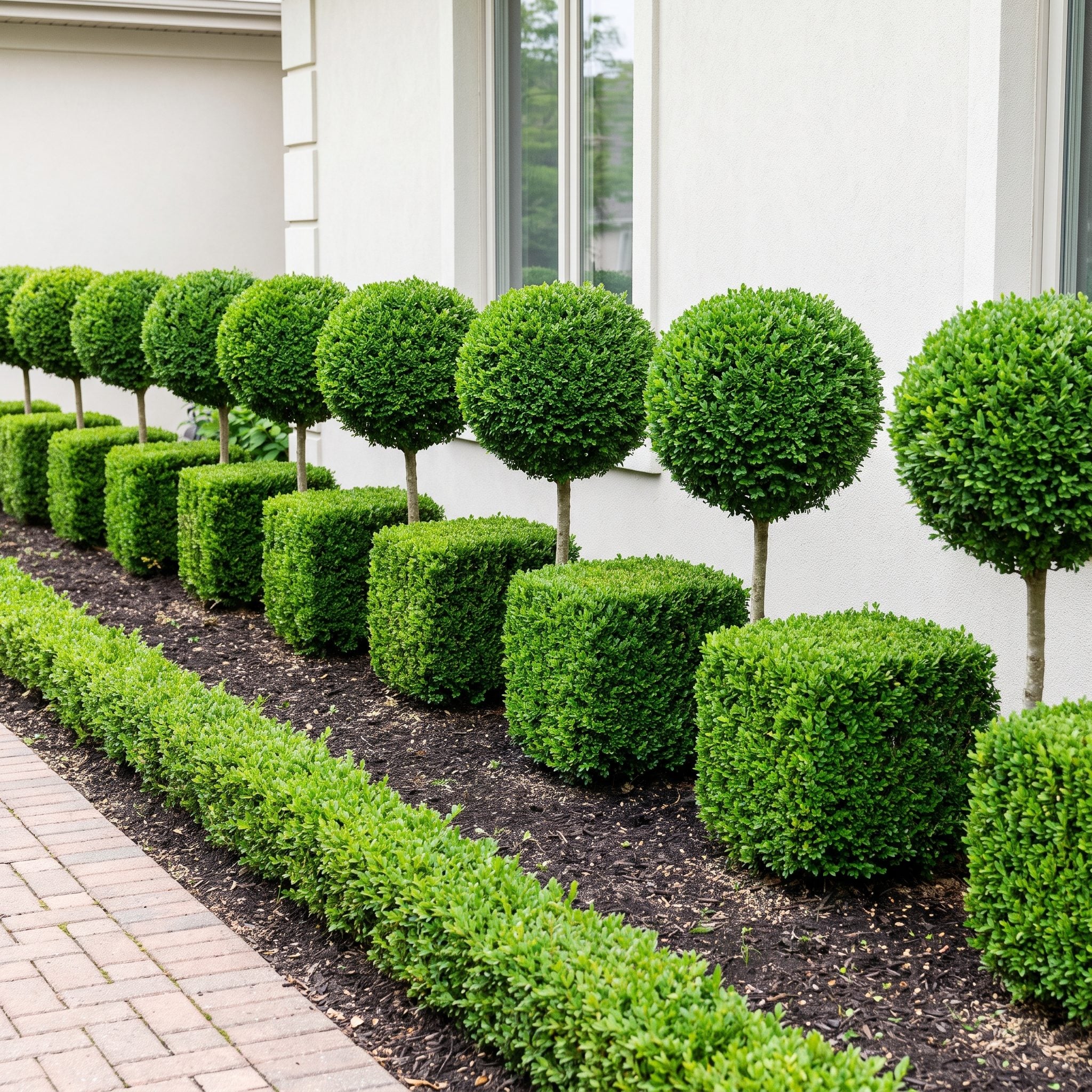 Shrubs Pruned Into Lollipops and Cardboard Boxes