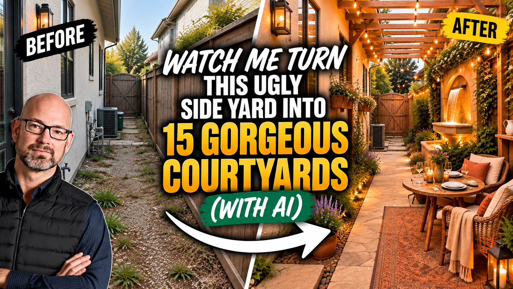 Video showing turning ugly side yard into cozy courtyards