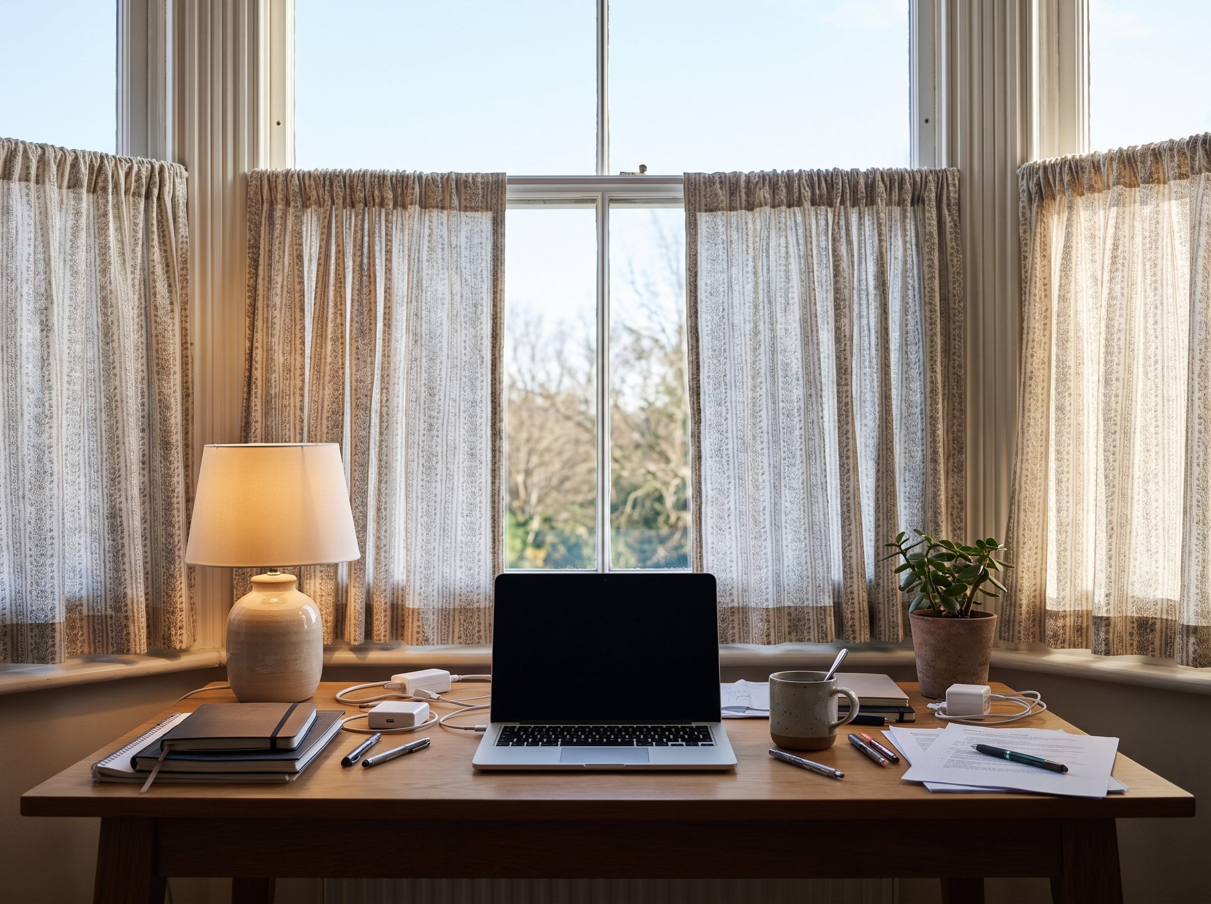 Home office with linen curtain hems ending just below the window sill at desk height, with clear floor beneath.