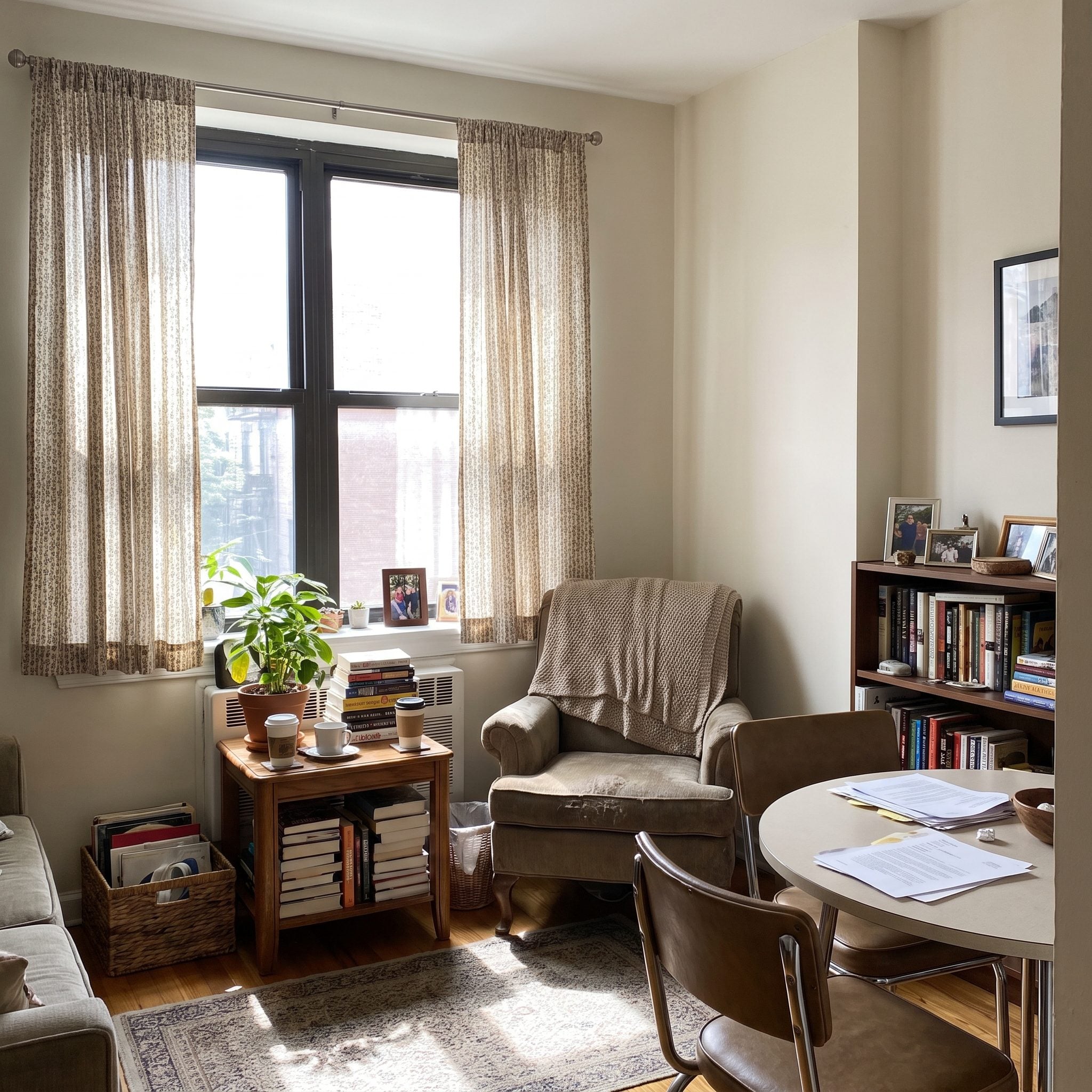 Small apartment living room with linen curtain panels ending at the windowsill above a baseboard heater.