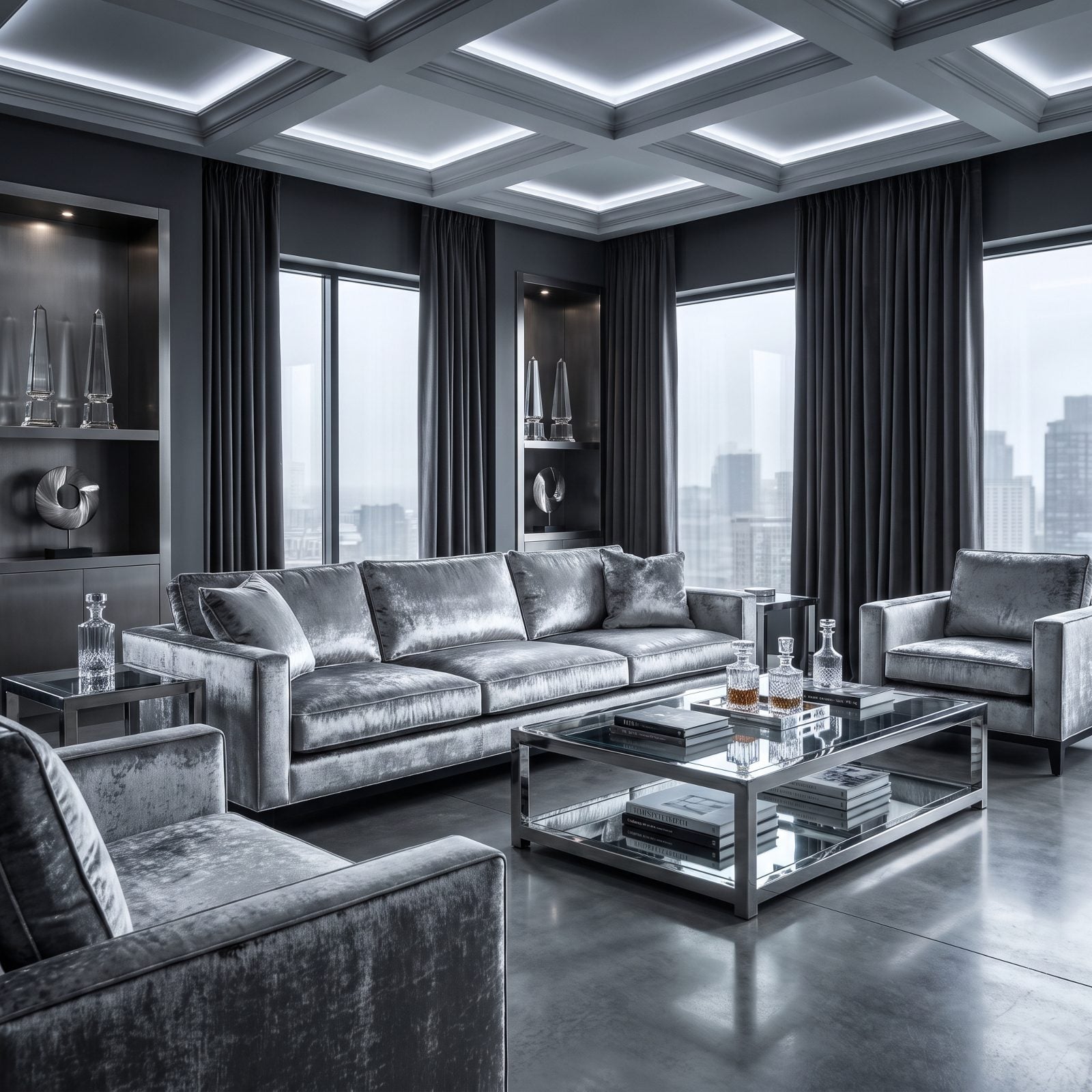 A Silver Velvet Sofa Creating a Showroom Chill