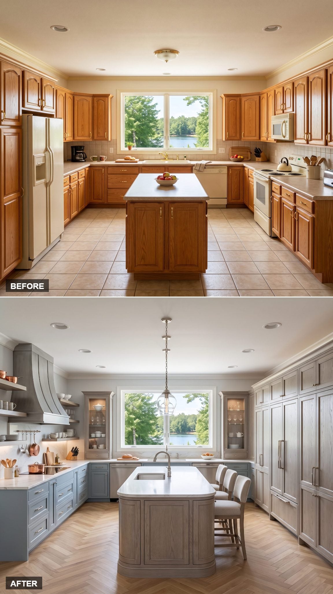 European cottage-inspired kitchen with silvered oak and soft dusty blue cabinetry
