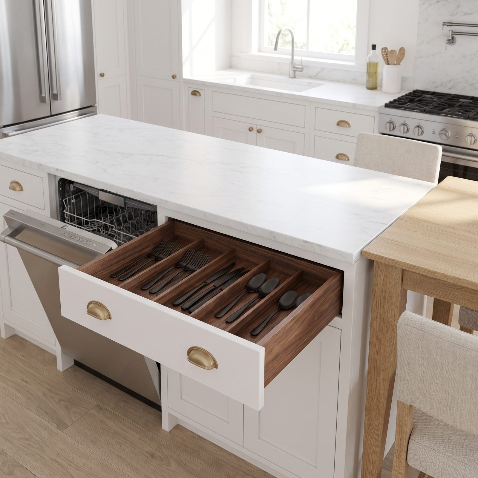 Silverware Stored Near Both the Dishwasher and Dining Area