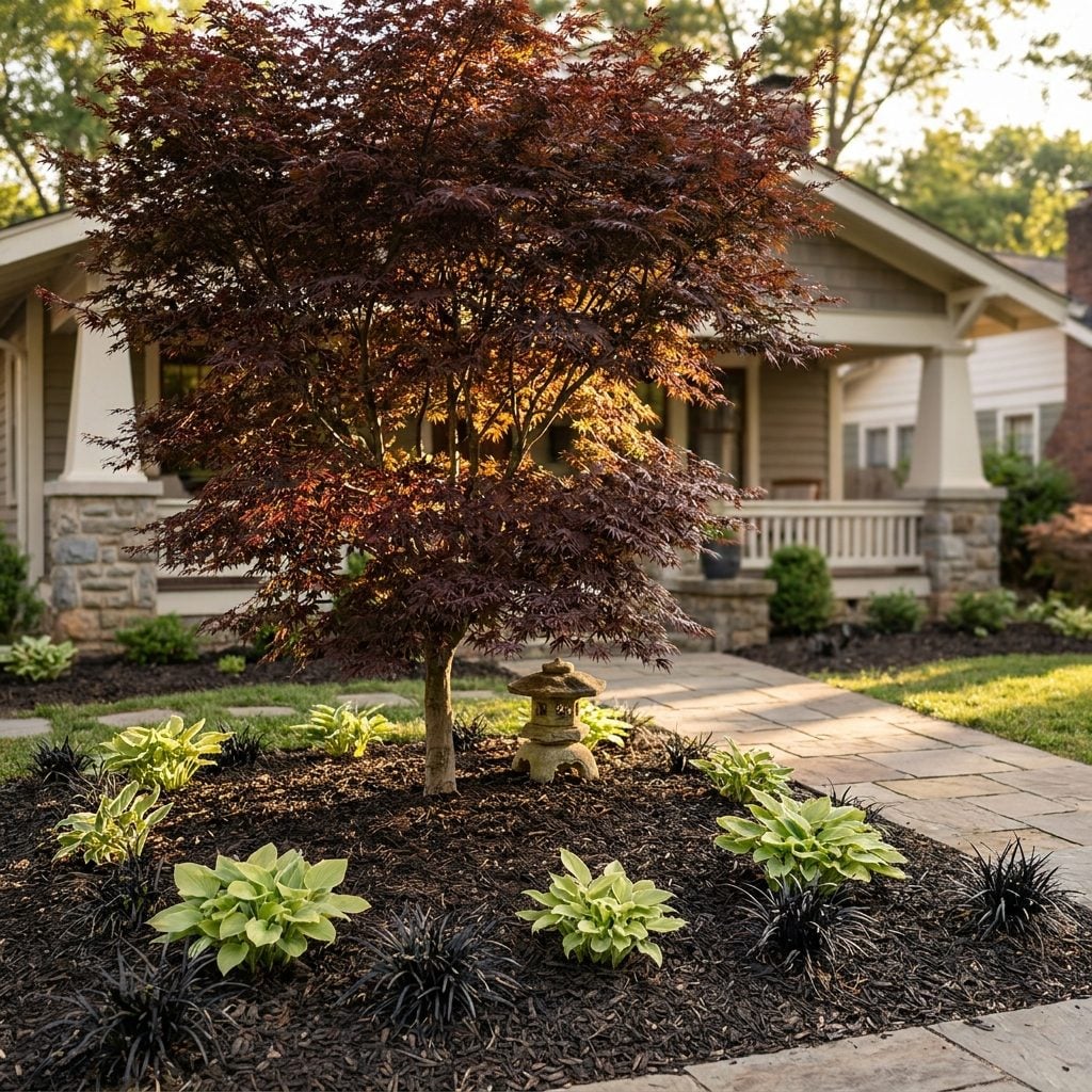 A Single Japanese Maple Anchoring an Otherwise Simple Bed
