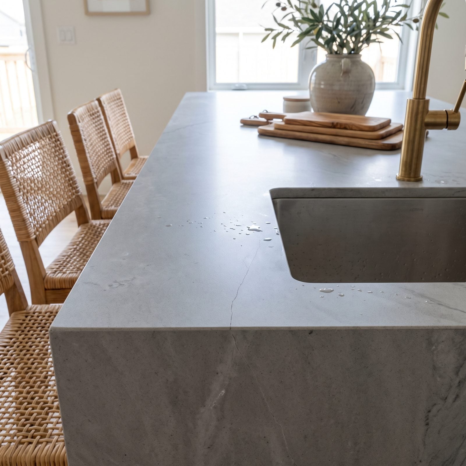 Walnut kitchen island with an undermount sink cut two inches from a stone seam in grey quartzite.