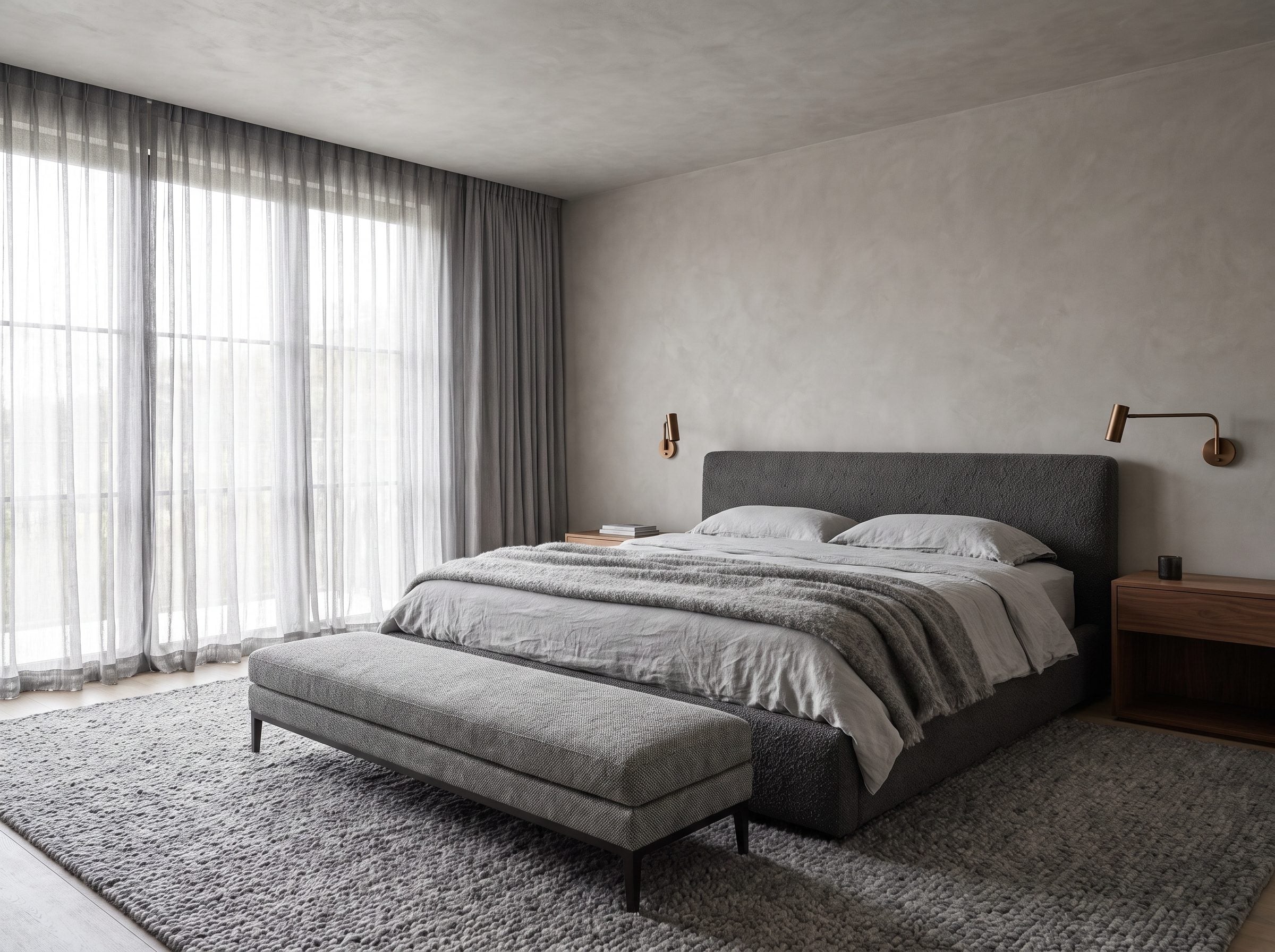 Gray bedroom showing six different gray textures at once: plaster walls, a boucle headboard, linen bedding, a wool rug,
