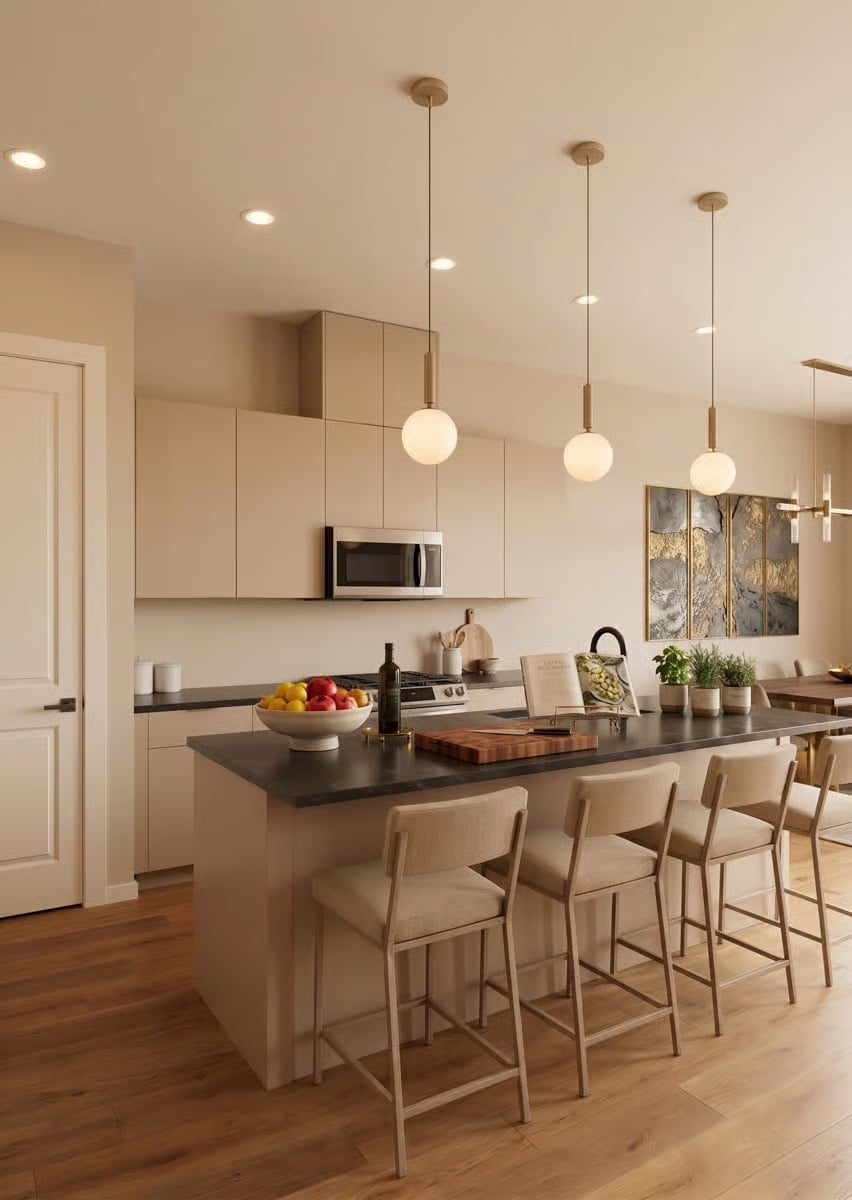 Globe Pendants and Dark Countertops Do the Heavy Lifting Here
