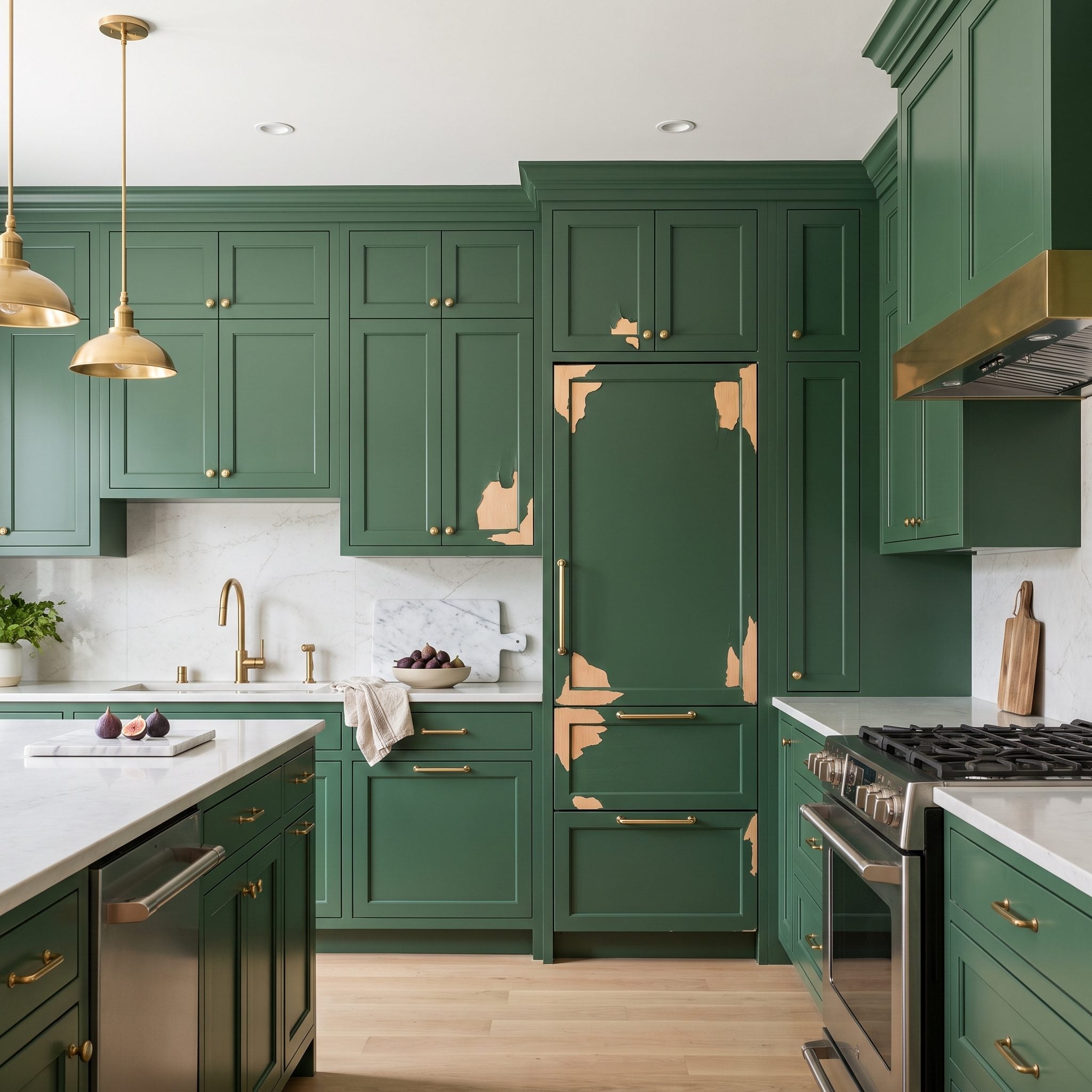 Forest-green kitchen cabinets with paint lifting in sheets and chips from corners across multiple doors.
