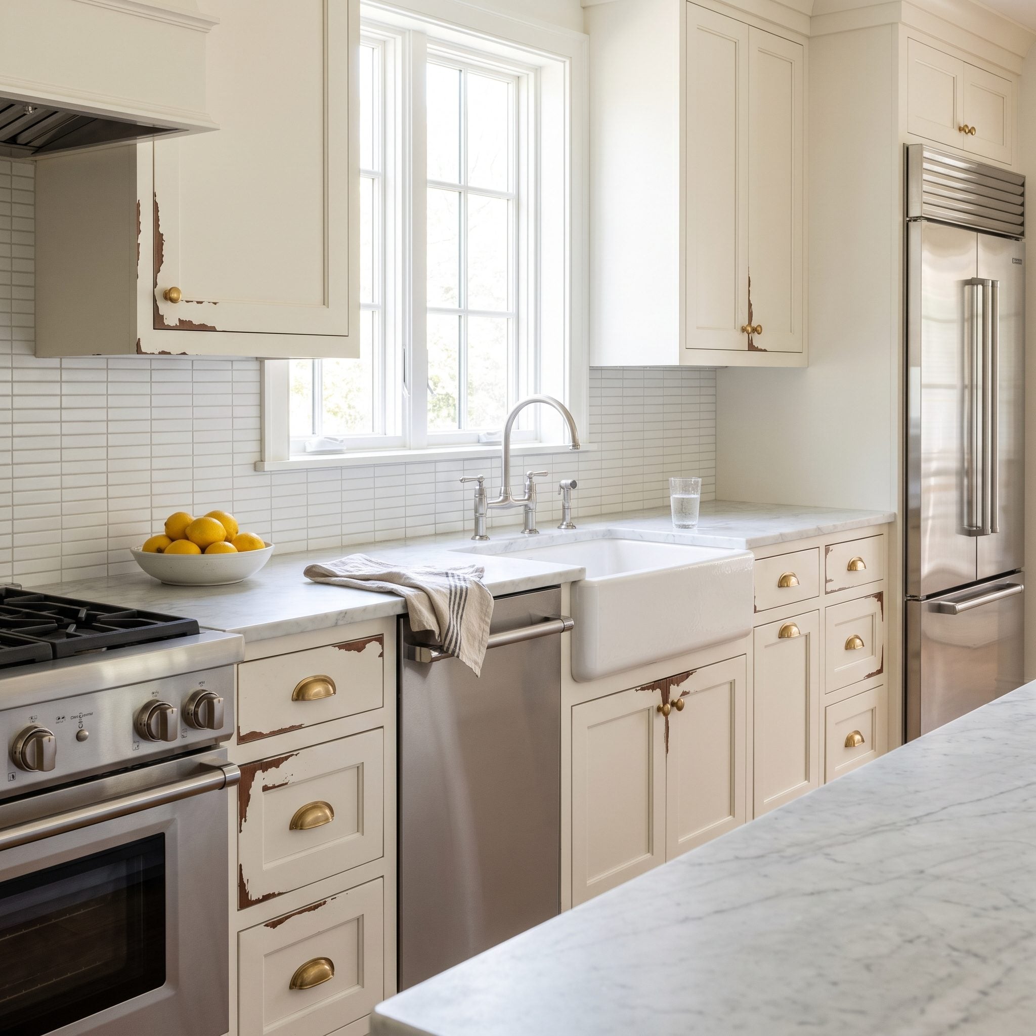 Ivory painted kitchen cabinets chipping around handles and drawer edges, showing darker original finish underneath.