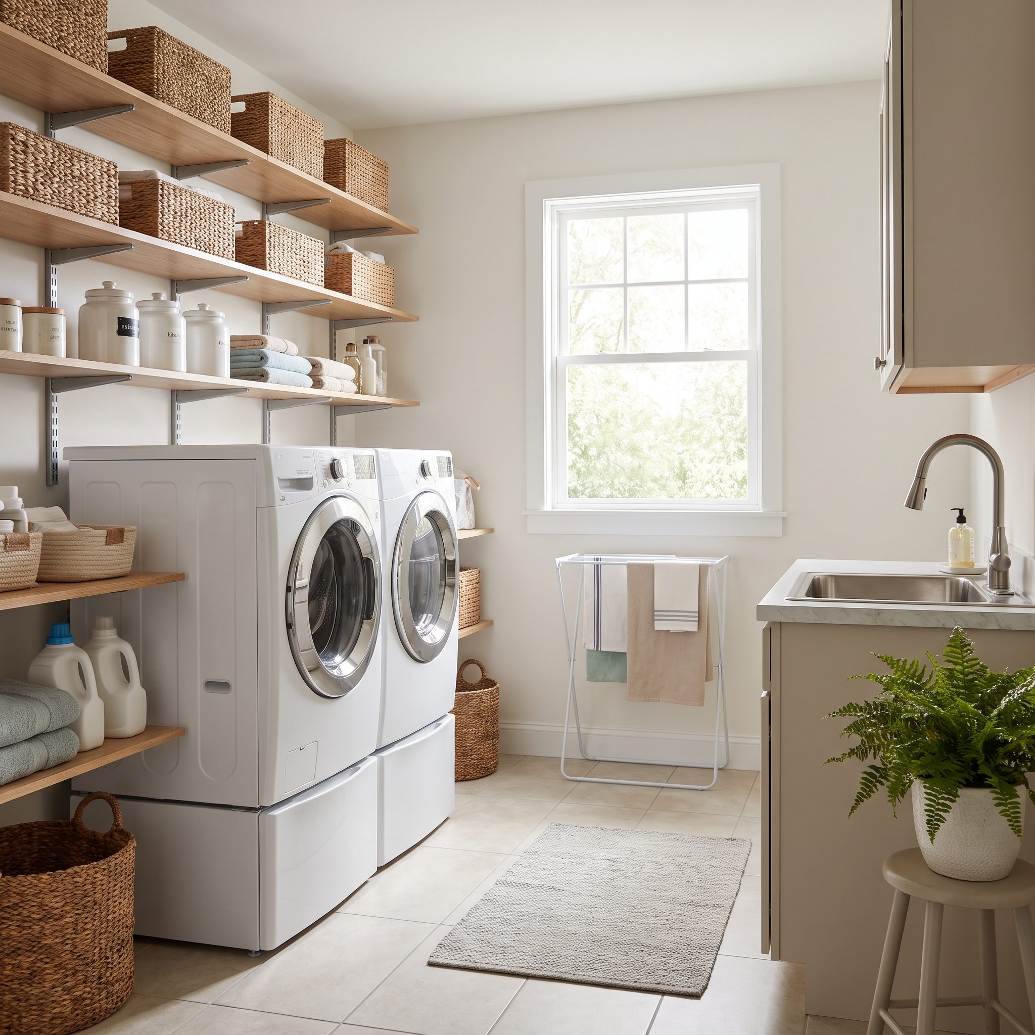Navy laundry room with top-load machines and no folding counter, a basket balanced on the dryer lid.